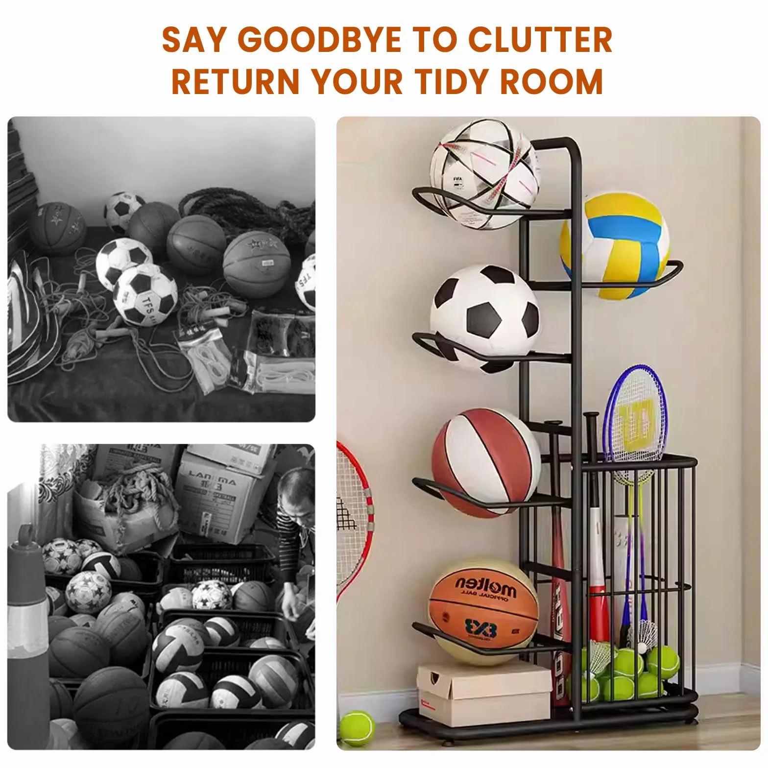 Étagère de rangement pour ballons 5 niveaux présentoir vertical autoportant avec panier