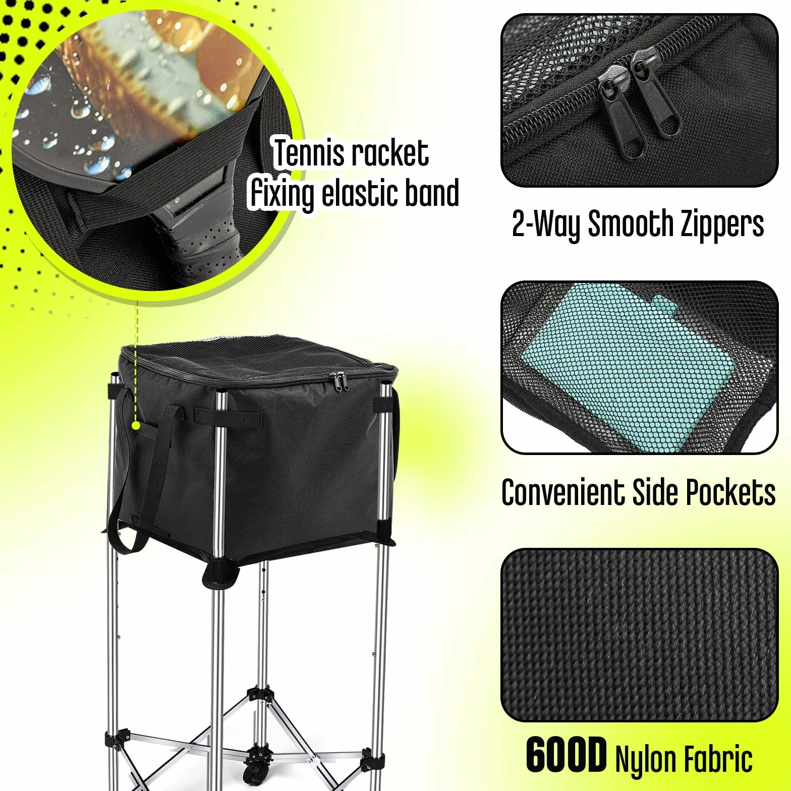 Aliceset Panier de balles de tennis avec poches latérales - Sac de rangement portable de rechange léger pour balle de baseball, tennis de table, cadre non inclus