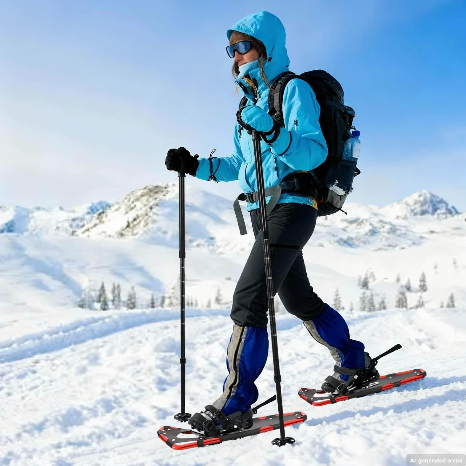 Raquettes à Neige 3 en 1 Argent et Noir 53,5 x 21 cm, Cadre en Aluminium et Plateau HDPE, avec bâtons de randonnée Ajustables et Sac de Transport, pour Chaussures Taille 38 à 48