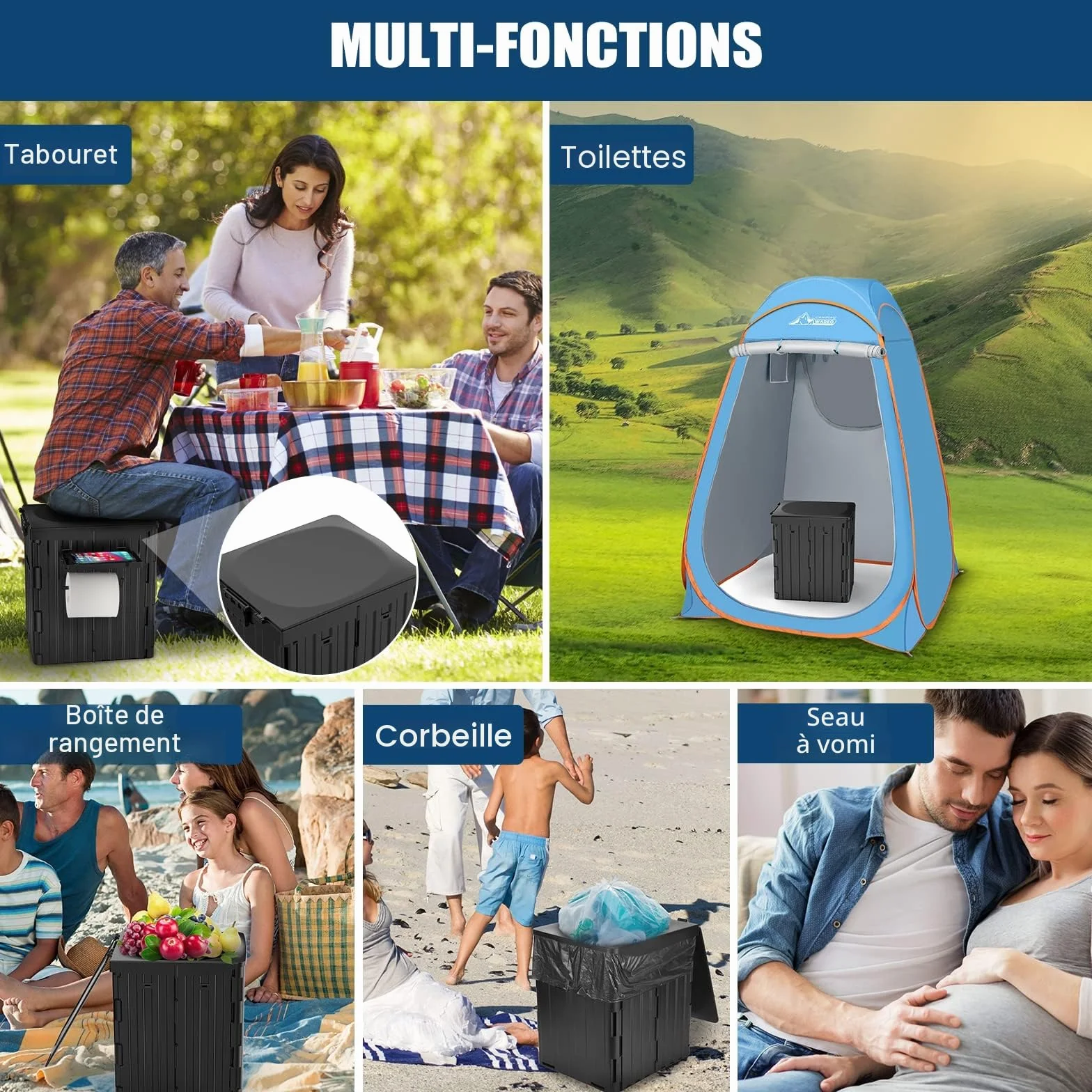 WADEO Toilettes de Camping Portables Pliables pour Adultes avec Urinateur Noir