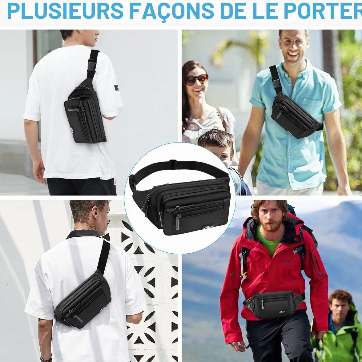 HNOOM Sac Banane Imperméable Homme Femme avec 5 Poches Sangle Réglable Grande Capacité Noir