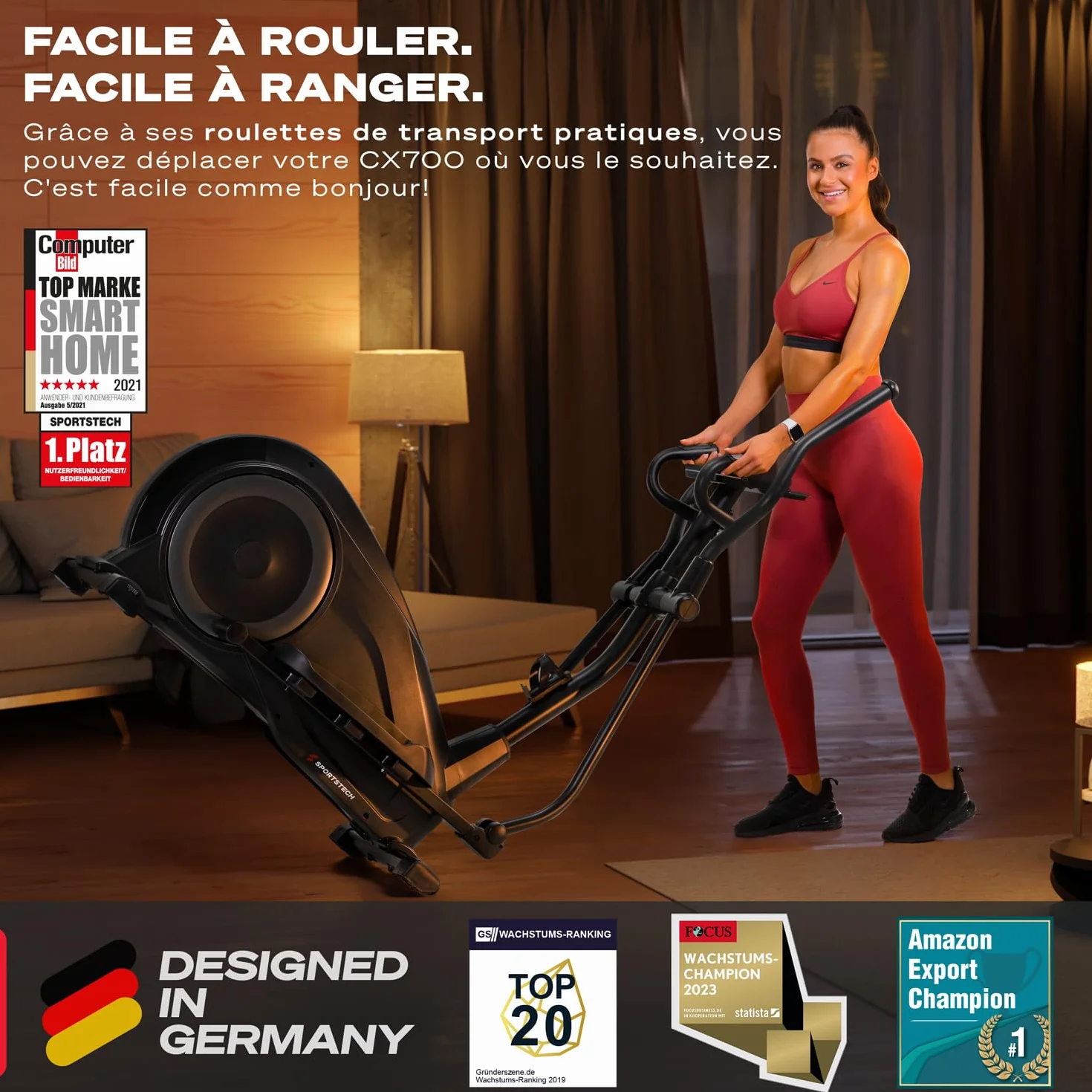 Sportstech CX700 Vélo Elliptique avec Technologie LED, Frein Magnétique 24 kg, 12 Programmes