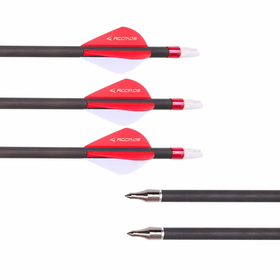 Flèches en Carbone Longueur Personnalisée 300-800 Spine Pointe Amovible 2" Plume Plastique pour Arc Recurve Arc à Poulies Tir à l’Arc