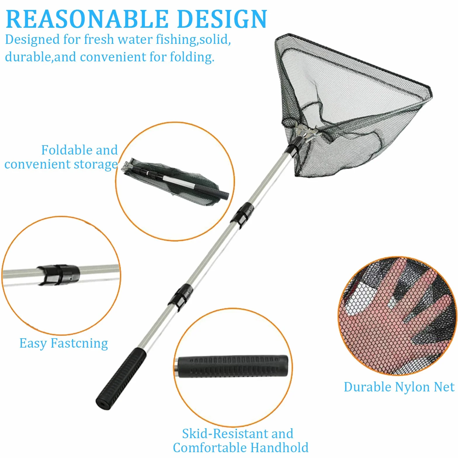 Épuisette de pêche télescopique et pliable, 1,9 m, manche long en aluminium, triangulaire en acier inoxydable, pour attraper des oiseaux, aquarium, étangs, objets flottants, carpe truite