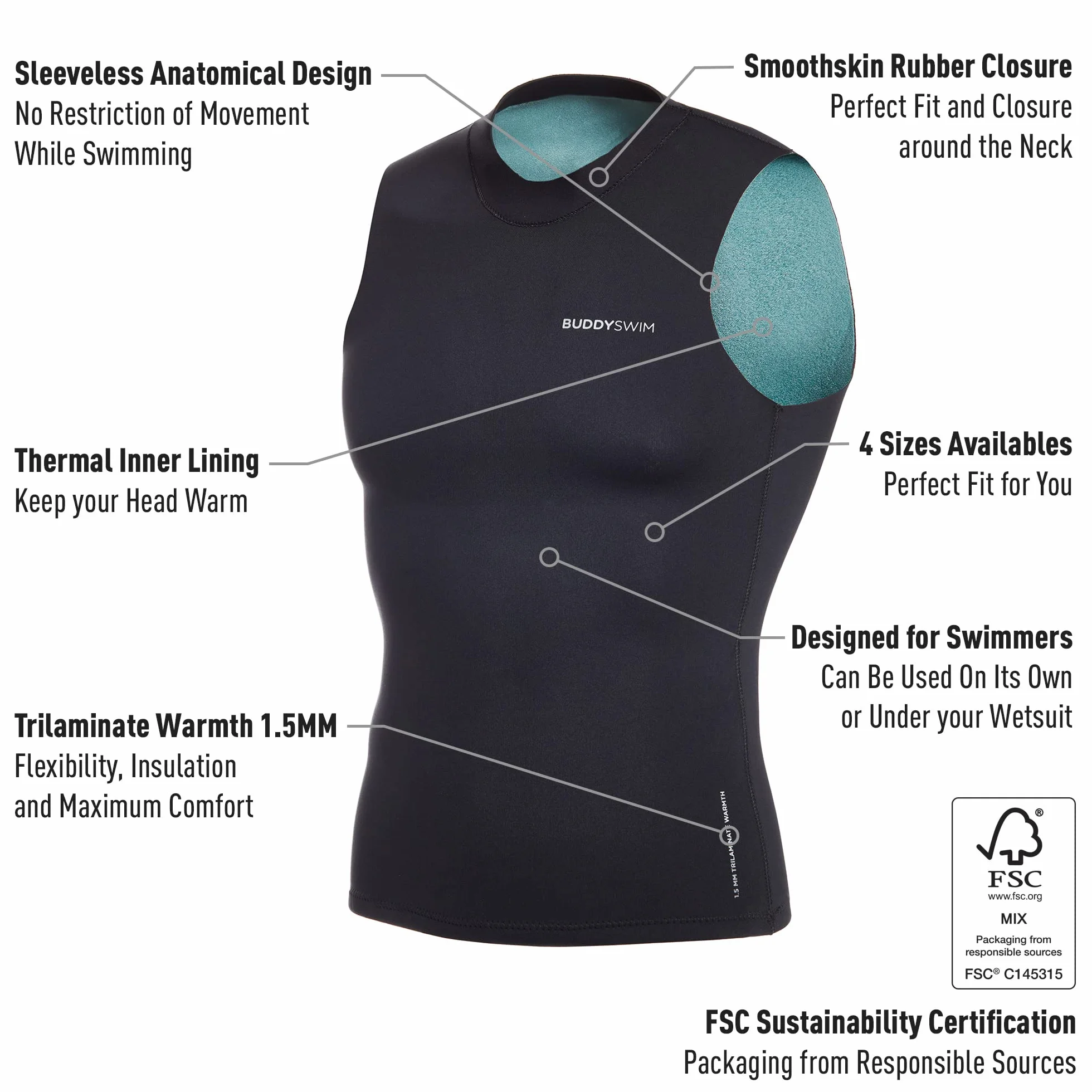 Gilet Néoprène Trilaminate 1,5 mm Natation Eau Libre Homme Plongée Surf