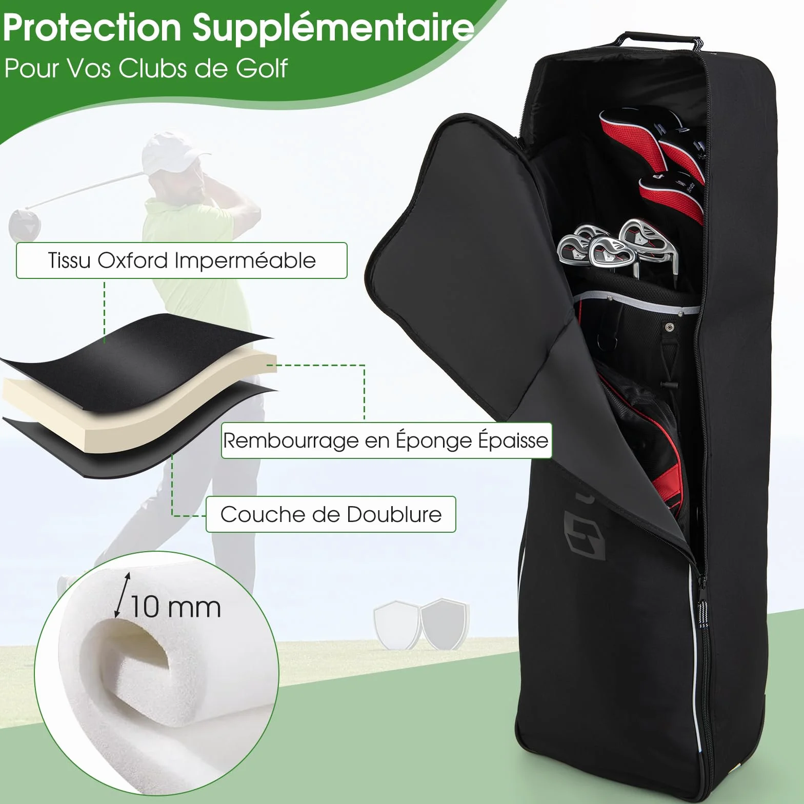 GOPLUS Sac de Voyage de Clubs de Golf avec Roulettes, Housse en Tissu Oxford Imperméable Pliable