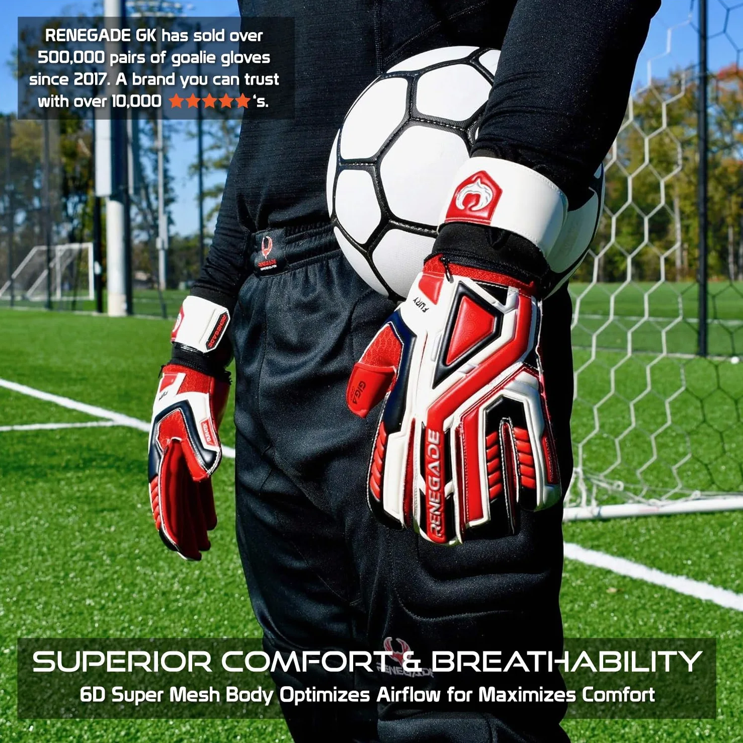 Renegade GK Fury Gants De Gardien De But (Tailles 7-11, Level 4) 4+3MM Giga Grip & Pro-Tek Fingersaves | Excellent Poigne & Protection | Gant Gardien de But Adulte, Homme, Junior