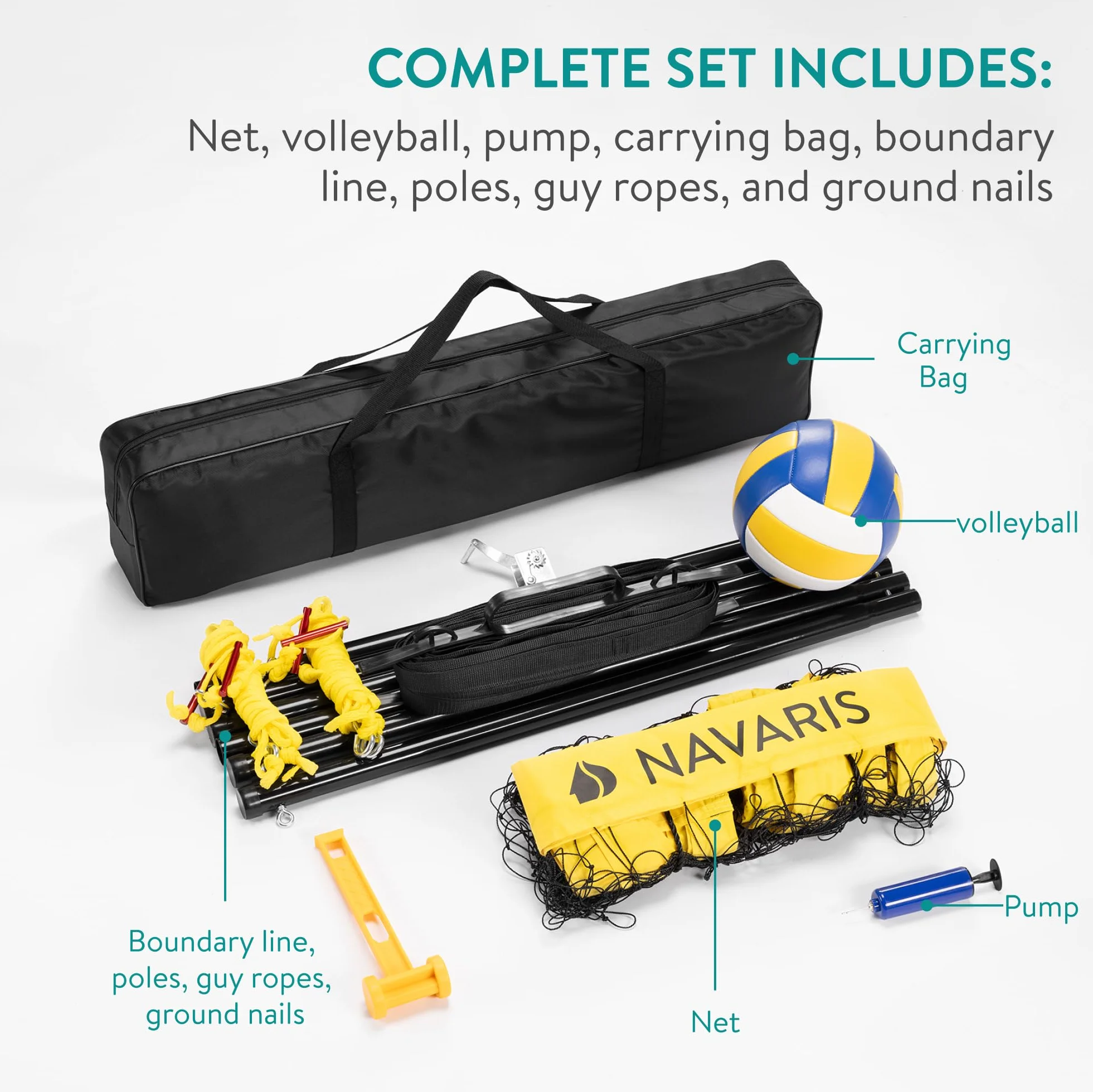 Navaris Filet de Volleyball Extérieur - Set Complet avec Ballon, Poteaux, Pompe, Sac de Transport
