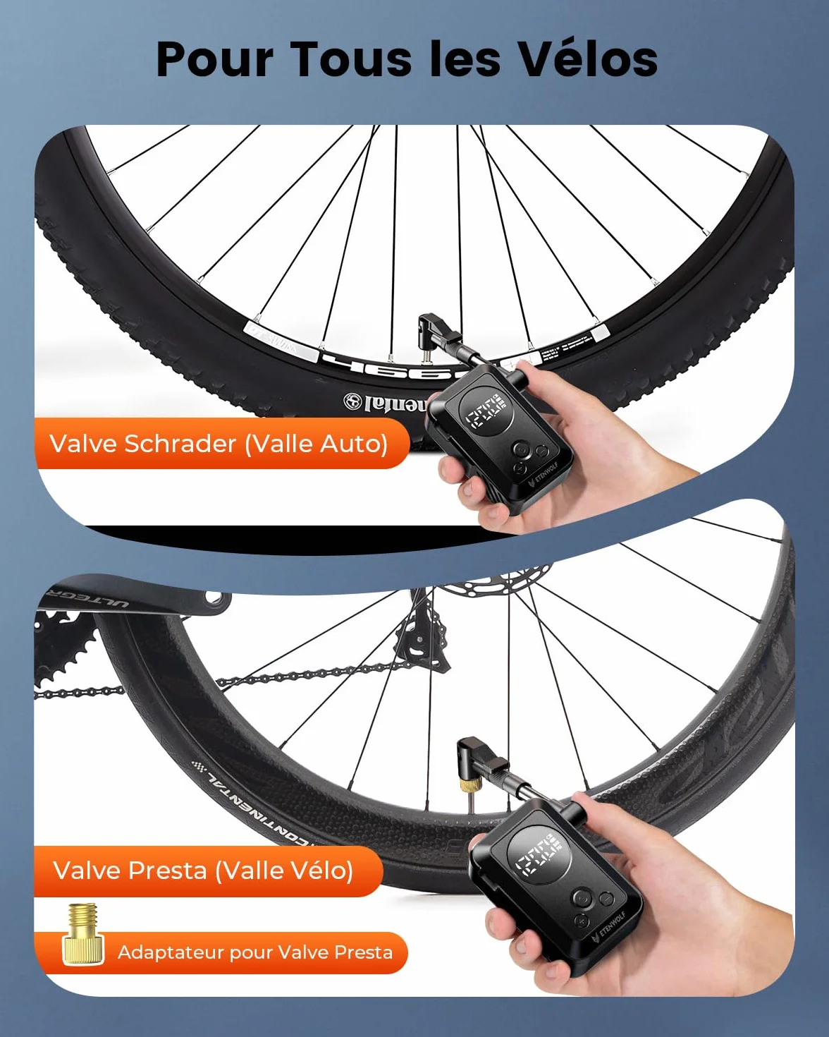 ETENWOLF Pompe à vélo électrique 10,34 Bar Portable avec valves Presta et Schrader