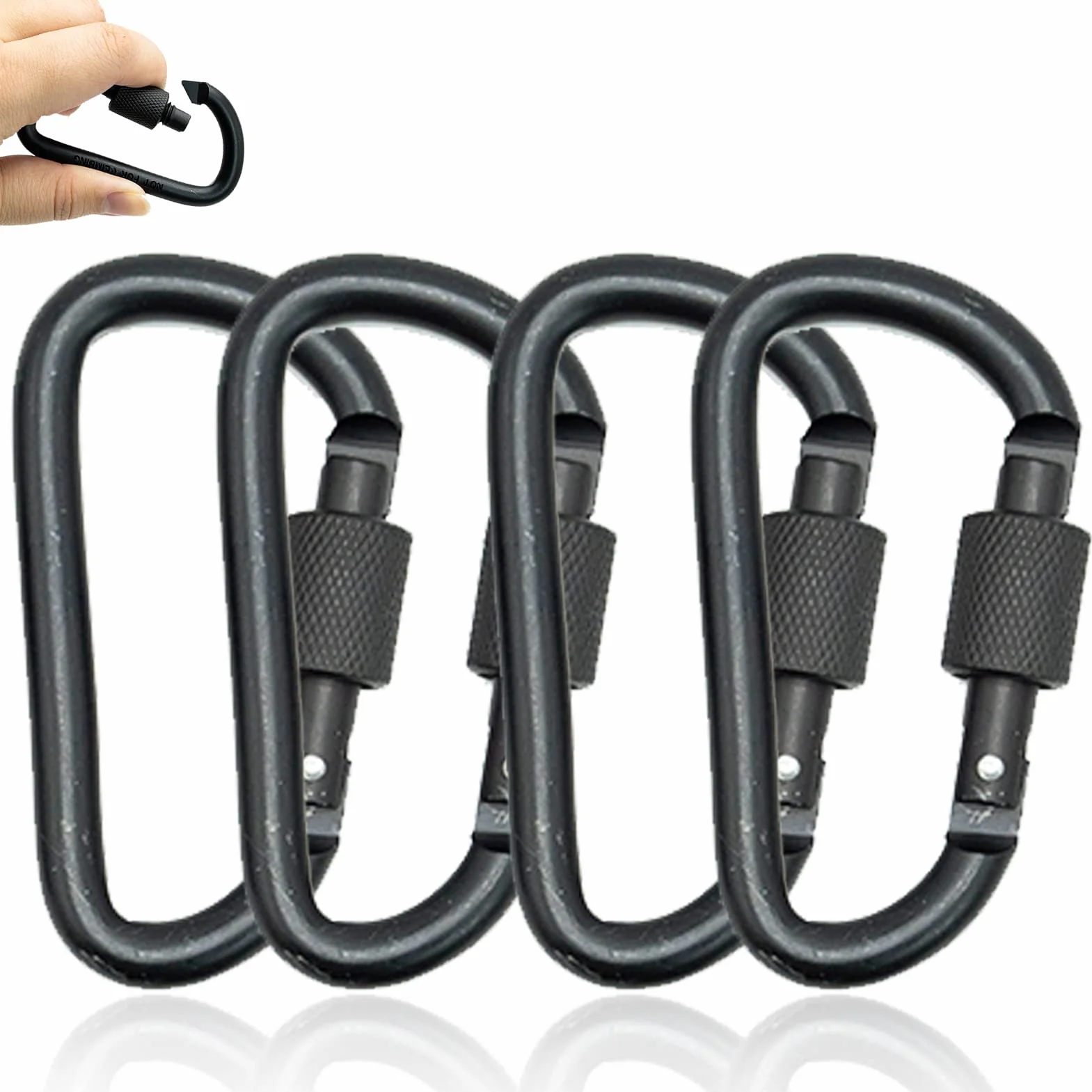 Mousqueton Tactique en Alliage d'Aluminium - Porte-clés Noir avec Verrouillage à Vis - 4 Pièces, 8 cm