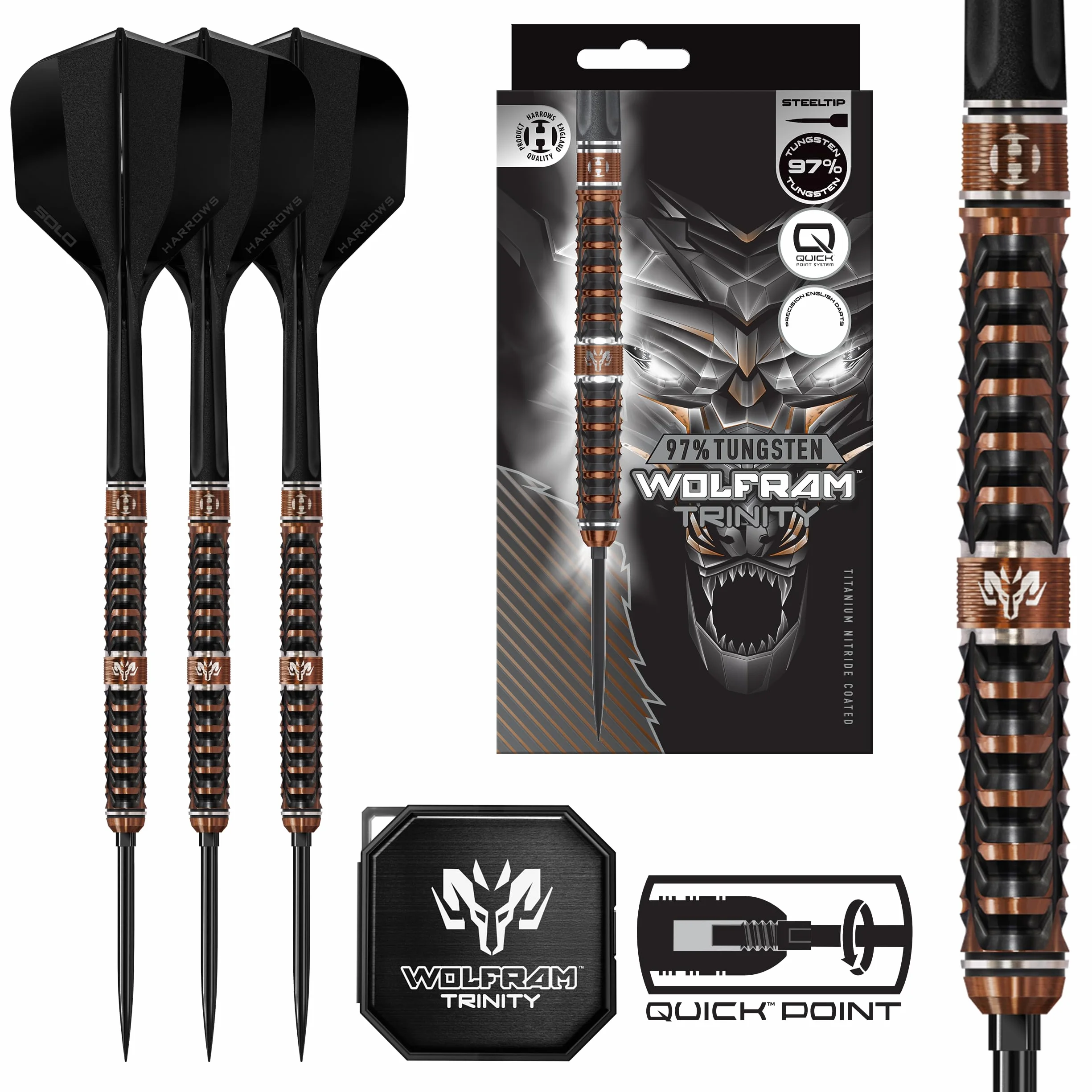 Jeu de fléchettes Harrows Wolfram Trinity 97 % tungstène avec pointe en acier, barils de qualité supérieure fraisés CNC avec revêtement TiN bronze et électrodéposition noire, manche intégré Solo et
