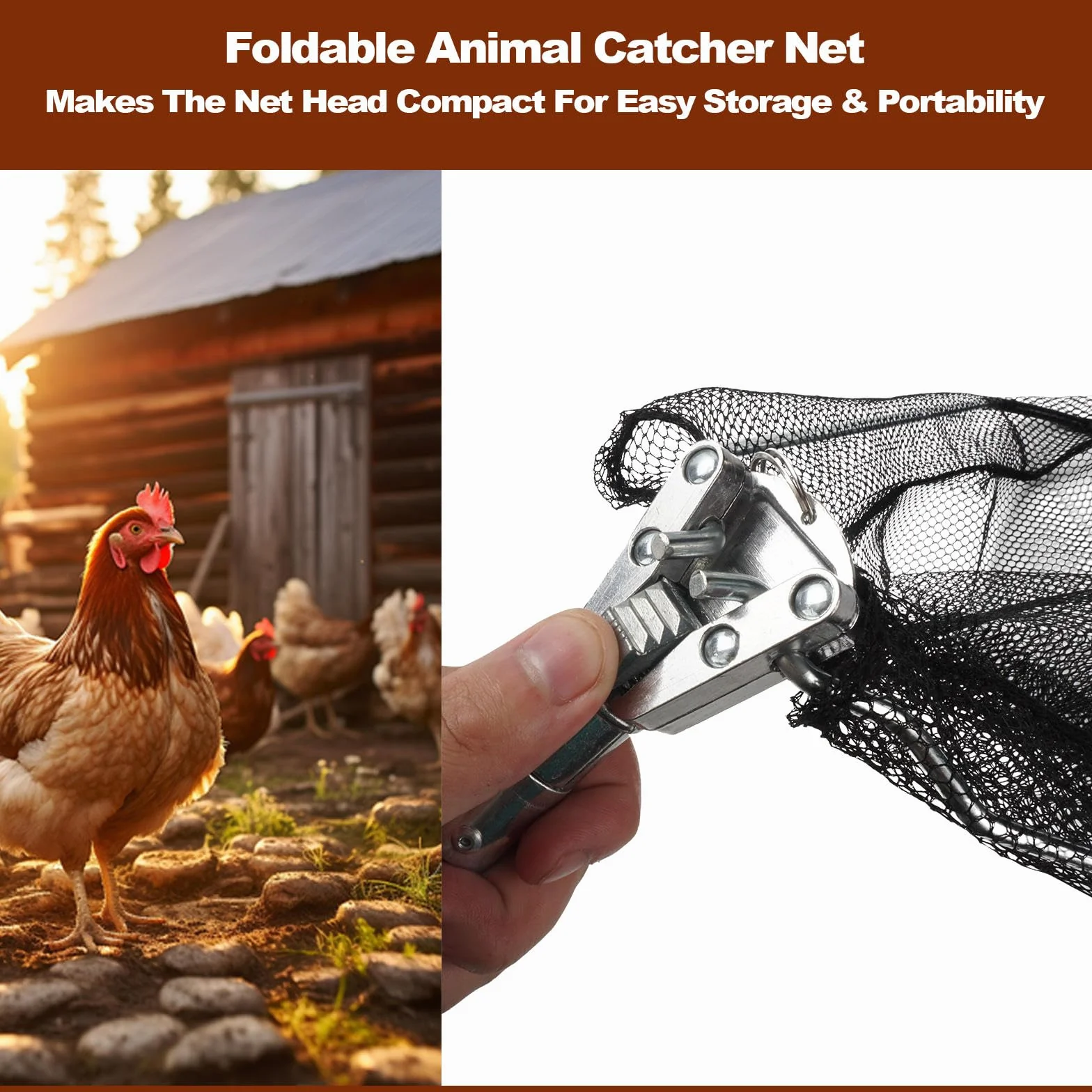 Filet de capture de poulet, filet animal avec poteau extensible en acier inoxydable de 117 cm, filet à poulet pour poulets, canards, oiseaux, chats, chiens, résille, attrape-poulet pour