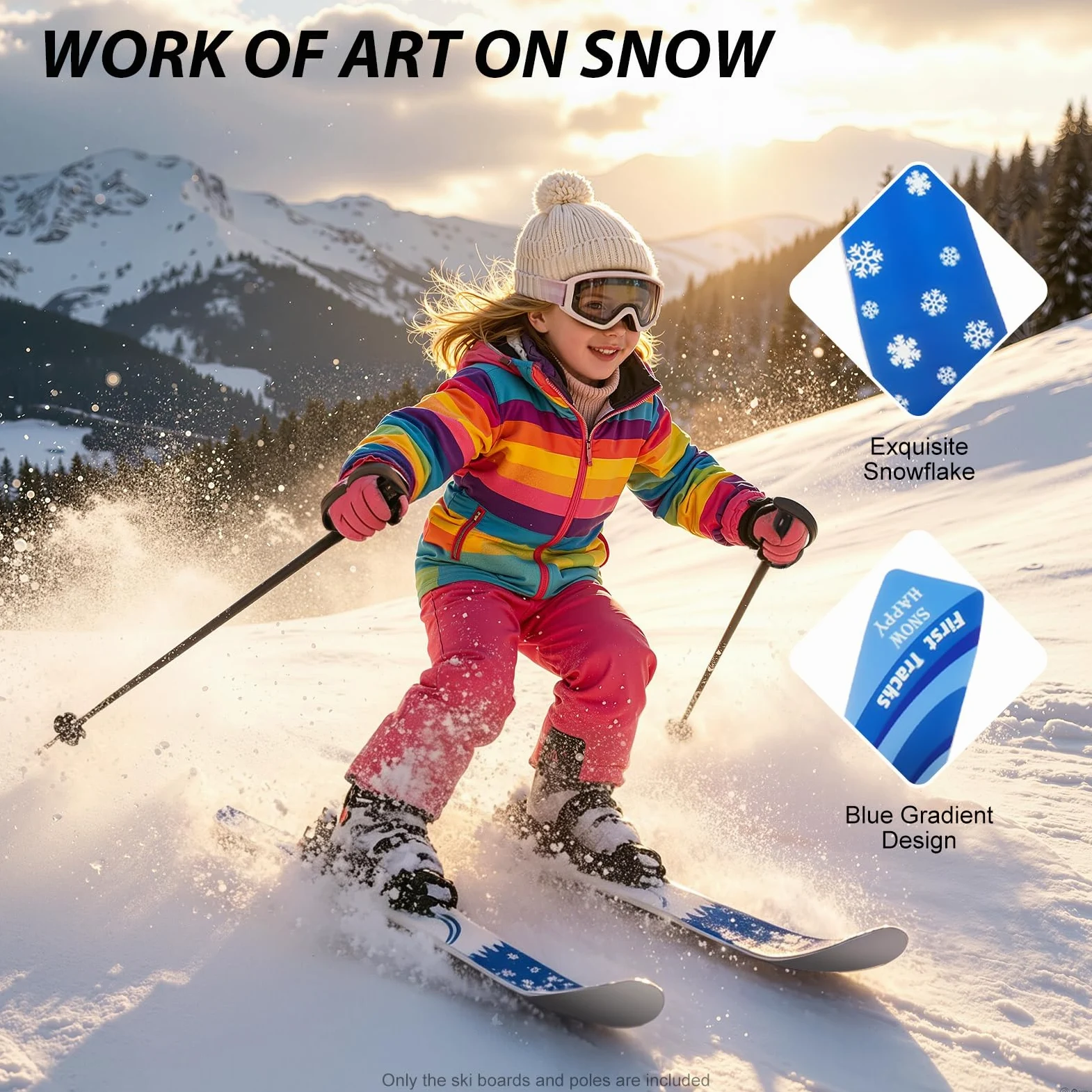Skis et bâtons de neige pour enfants débutants avec fixations, planches de ski à faible résistance pour enfants de 2 à 8 ans, légers, robustes et sûrs, 68 x 6 cm
