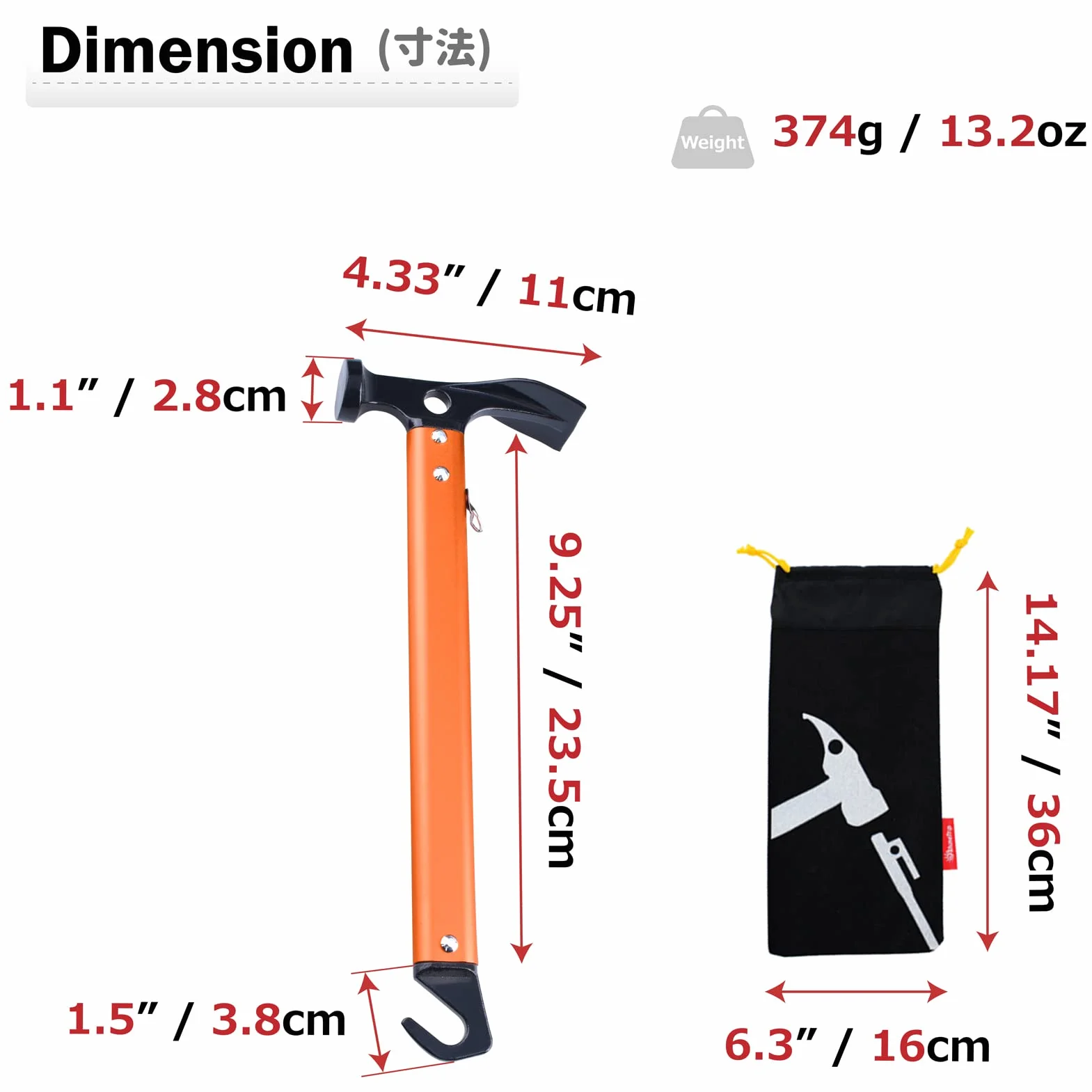 Marteau de Piquet de Tente Maillet Camping Extracteur avec Sac de Transport Multifonctionnel