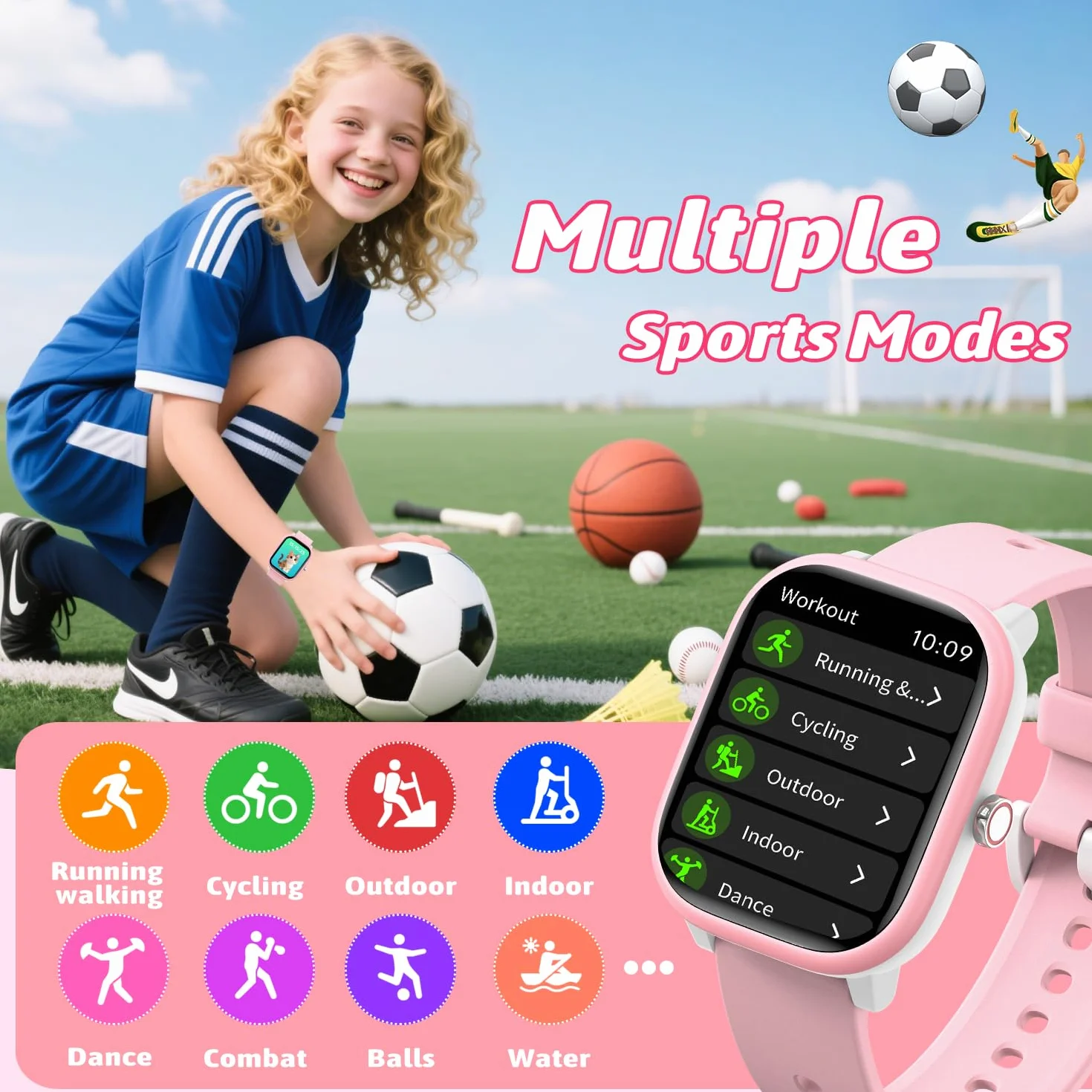 Fikami Montre Intelligente Enfants 1,83" Fitness Tracker Sport Fréquence Cardiaque Compteur Pas 16 Jeux 6-16 Ans