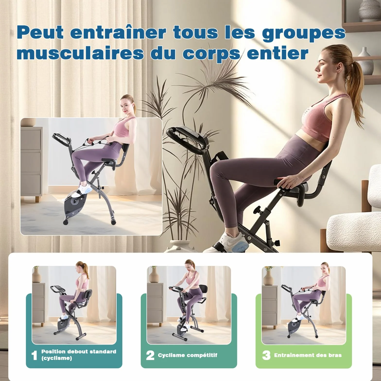 Vélo d'appartement pliable résistance magnétique réglable 10 niveaux vélo stationnaire droit incliné