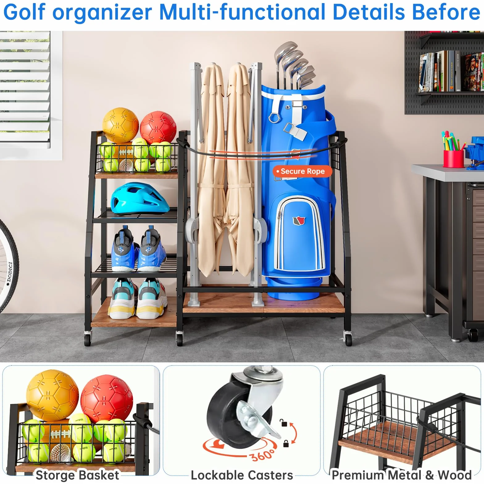 Support de Rangement pour Clubs de Golf avec Roulettes, Organisateur Robuste pour Sacs de Golf