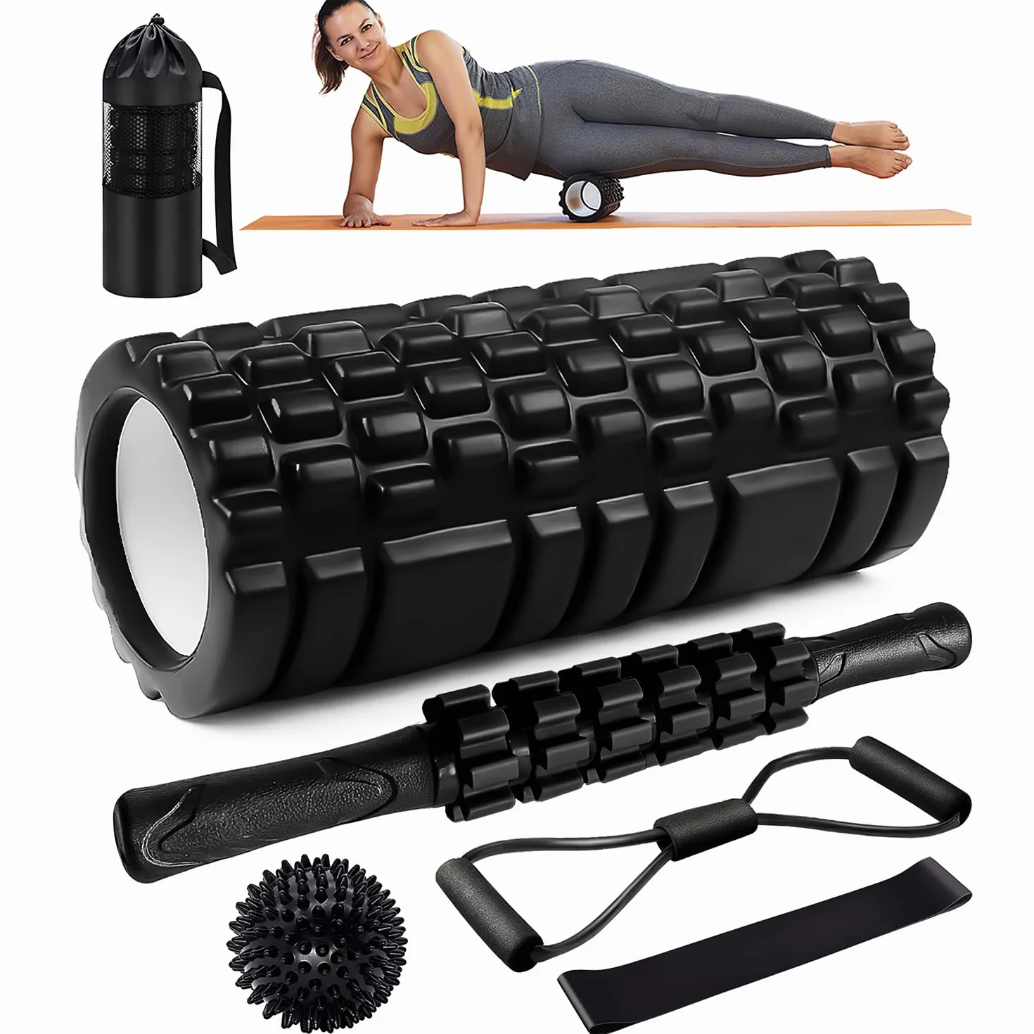 Qveetry Rouleau de Massage Mousse avec Bâton Musculaire, Balles, Bandes de Résistance