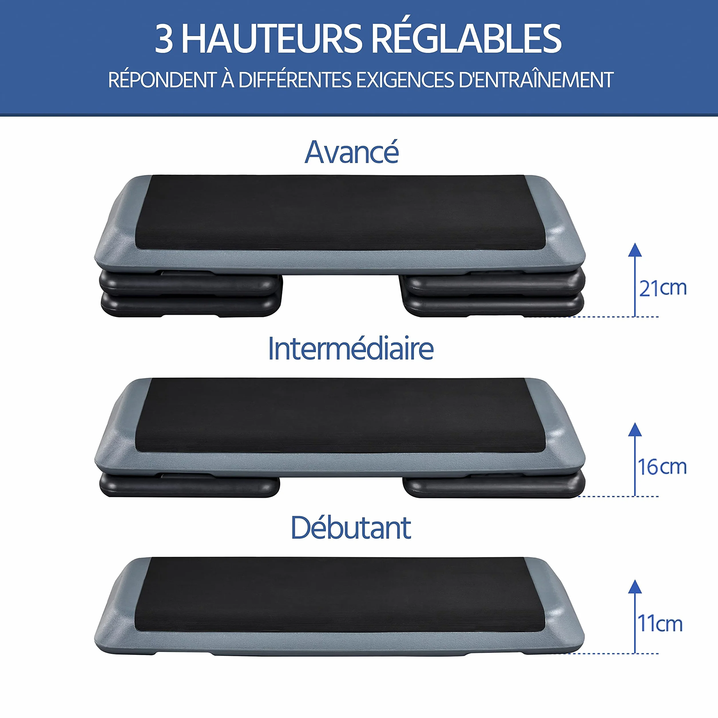 Yaheetech Stepper d'Aérobic Step Fitness 110 x 43 cm Hauteur Réglable 3 Niveaux 11cm/16cm/21cm Charge Max. 250kg