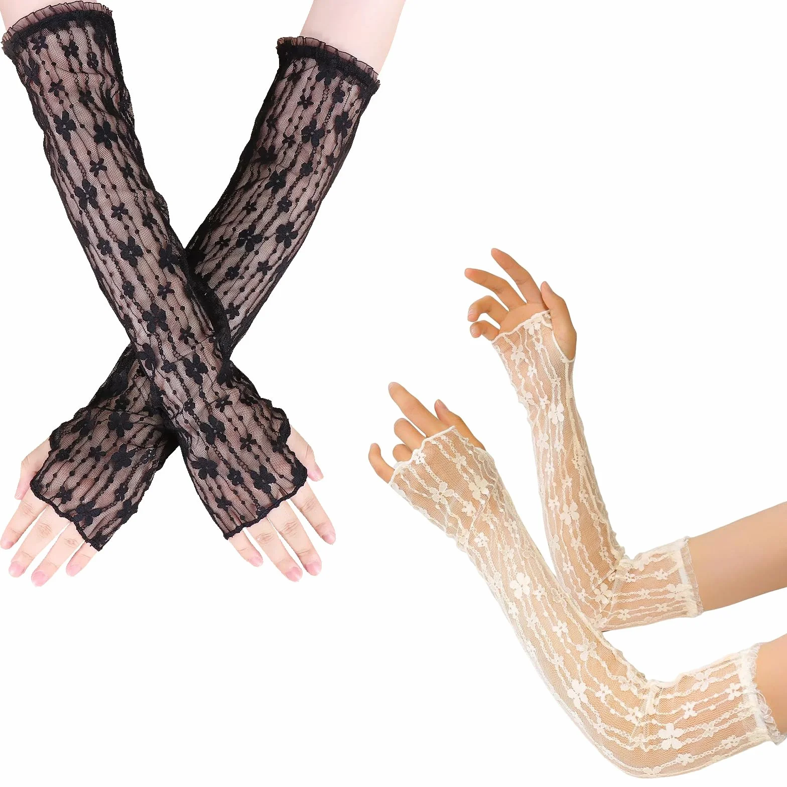 Manchettes en Dentelle Elastique Gants avec Trou Respirant Floral Manchon Bras Protection Soleil Mariage