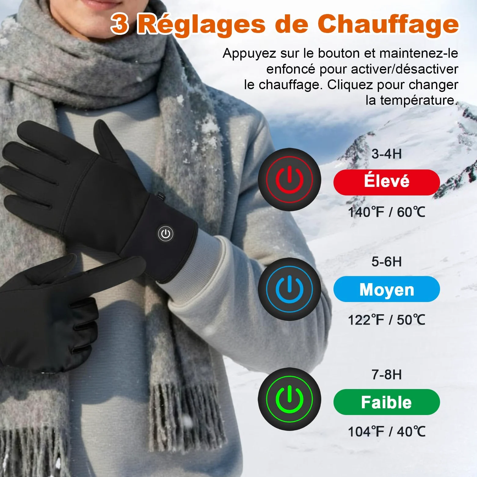 sous-Gants Chauffants Fins pour Hommes et Femmes Rechargeables, Batterie 7,4 V à Chauffage Rapide, 3 Modes de Chaleur (40-65 ℃) et Écran Tactile pour Travail en Extérieur, Sports d'hiver