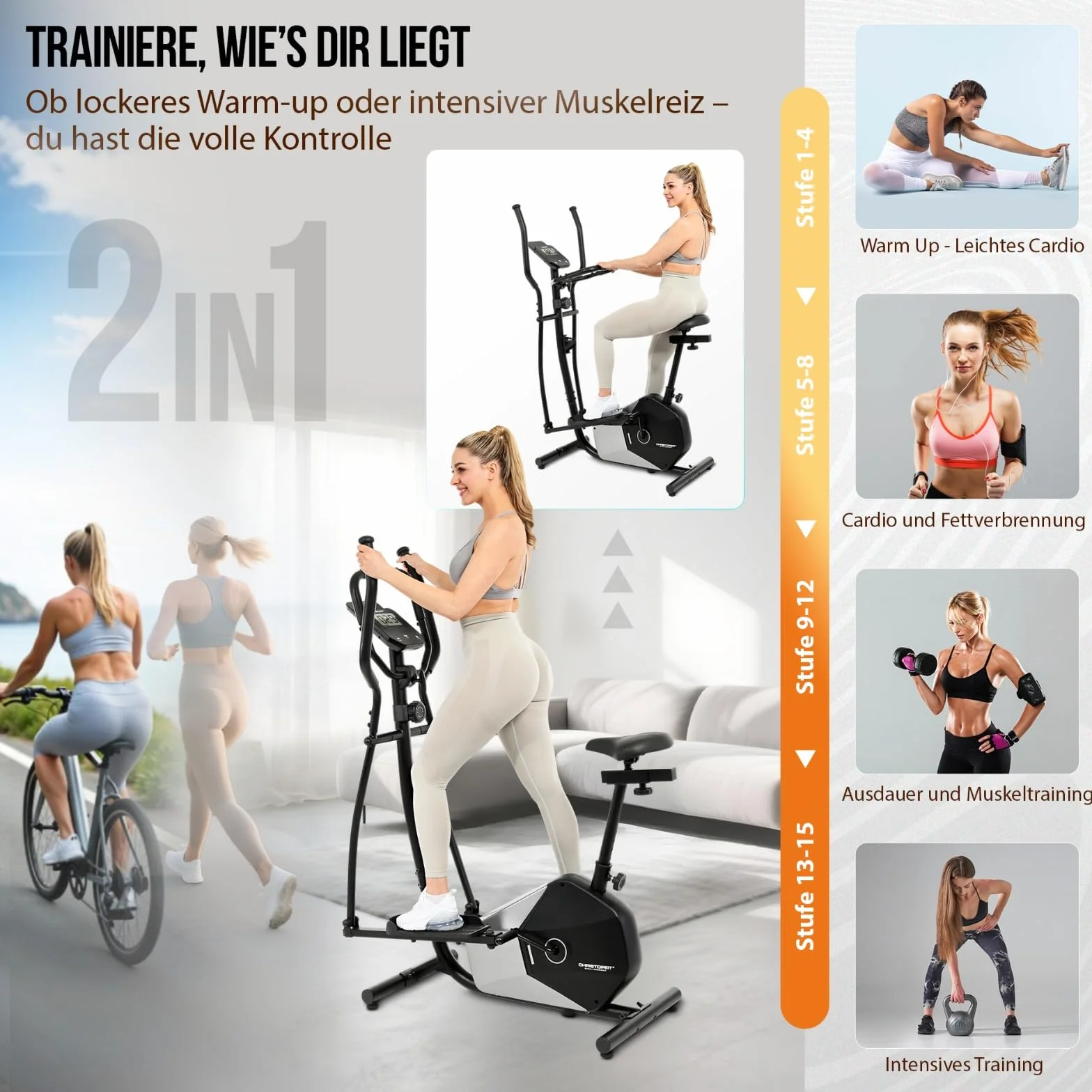 Christopeit Vélo elliptique CT 6 2 en 1 frein magnétique 7kg 8 niveaux résistance capteurs pouls support tablette