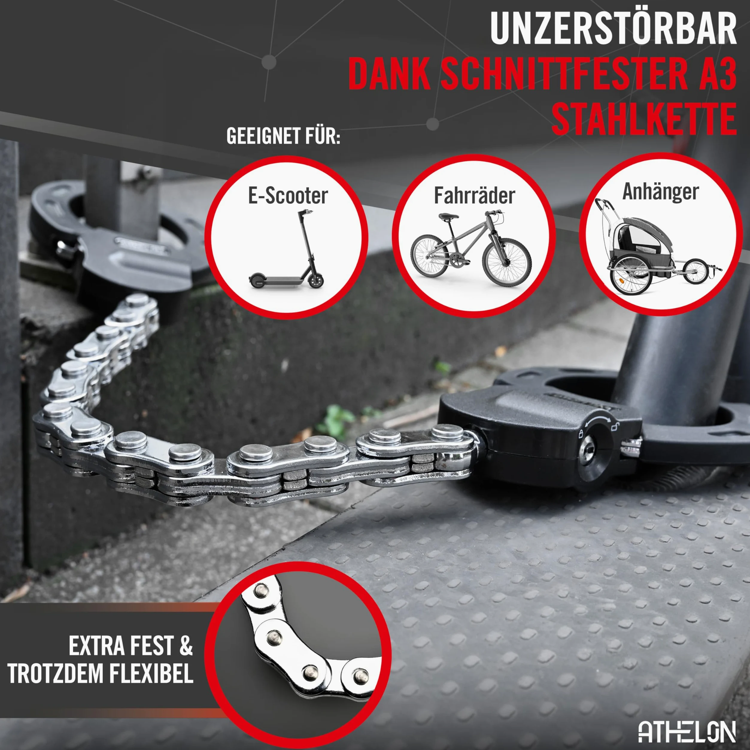 ATHELON Serrure pour scooter électrique [extra sûr] – Antivol à menottes long et résistant aux coupures pour scooter électrique avec protection anti-rayures avec accessoires [étui et 4 clés] – pour