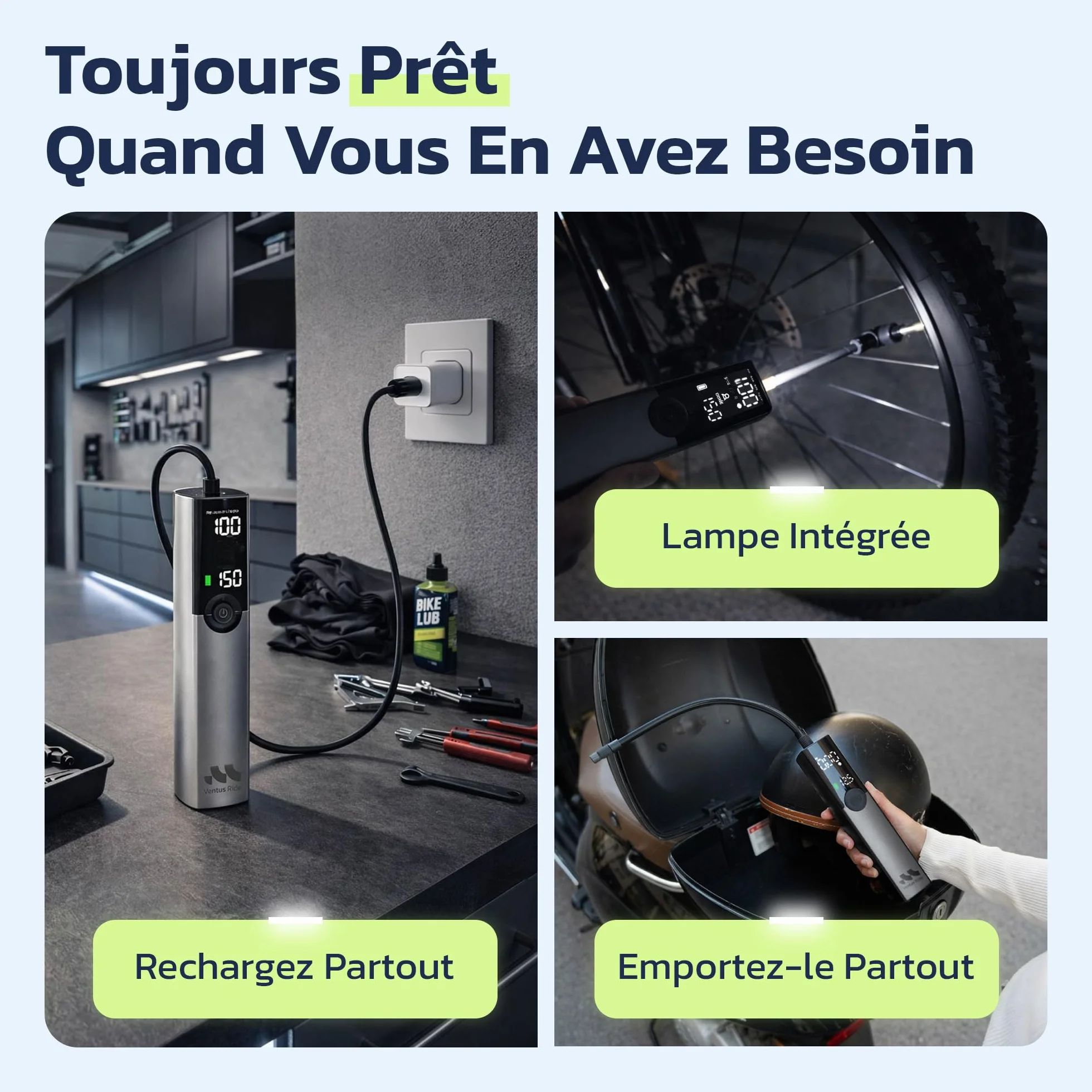 Woowind Ventus Ride Pompe a Velo Electrique 150 PSI 10.3 Bar Compresseur Portatif Compatible Presta Schrader Dunlop