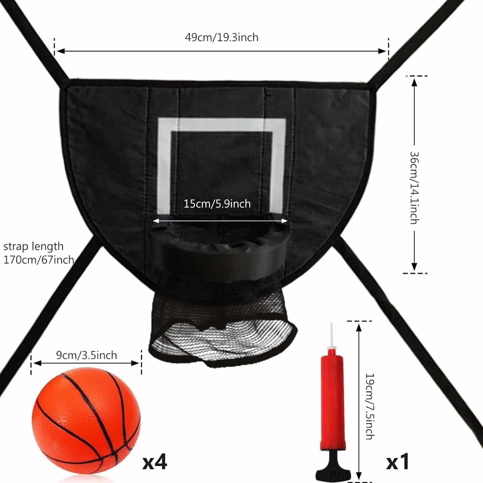 Panier de Basket-Ball pour Trampoline avec Filet, 4 Balles et Pompe, Filet Amovible pour Sports d'Intérieur et Plein Air