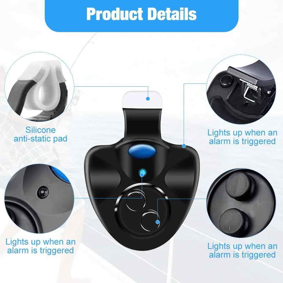 Mizikuu Lot de 3 détecteurs de touche électroniques à LED Light-Strike LED - Alarme de pêche avec détecteur de mouvement - Veilleuse - Pointe de canne à pêche à clip
