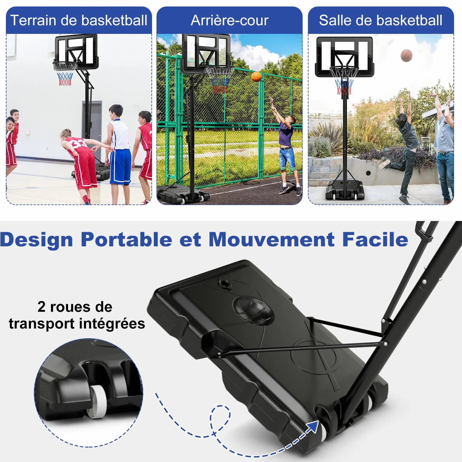 COSTWAY Panier de Basket-Ball Hauteur Réglable 145-305cm, Support Portable à Roulettes avec Base Remplissable, Panneau Arrière 111cm