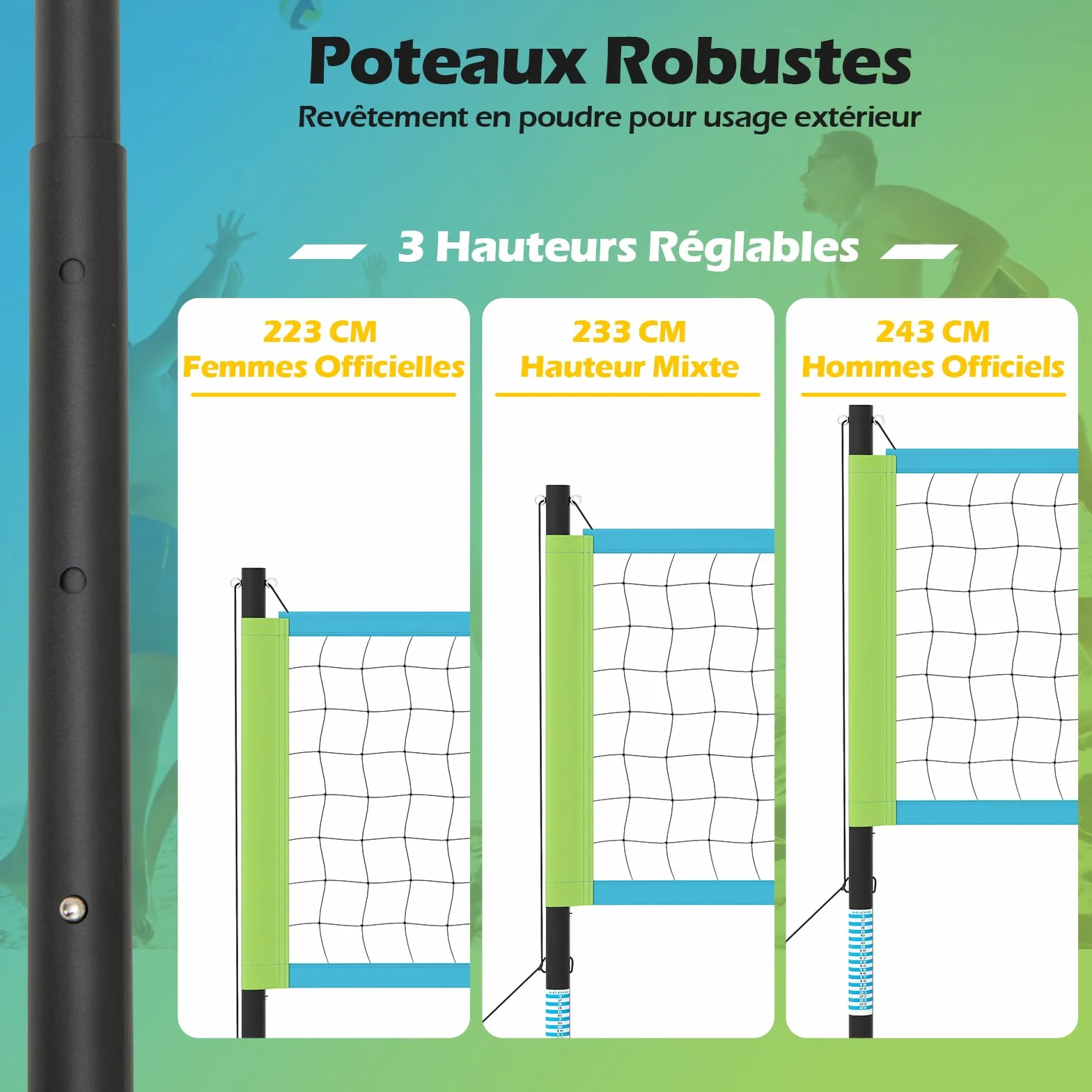GOPLUS Filet de Volleyball Exterieur Piscine Réglable en Hauteur, Kit de Volley Complet avec Poteaux en Métal, 9,75 m x 0,9 m