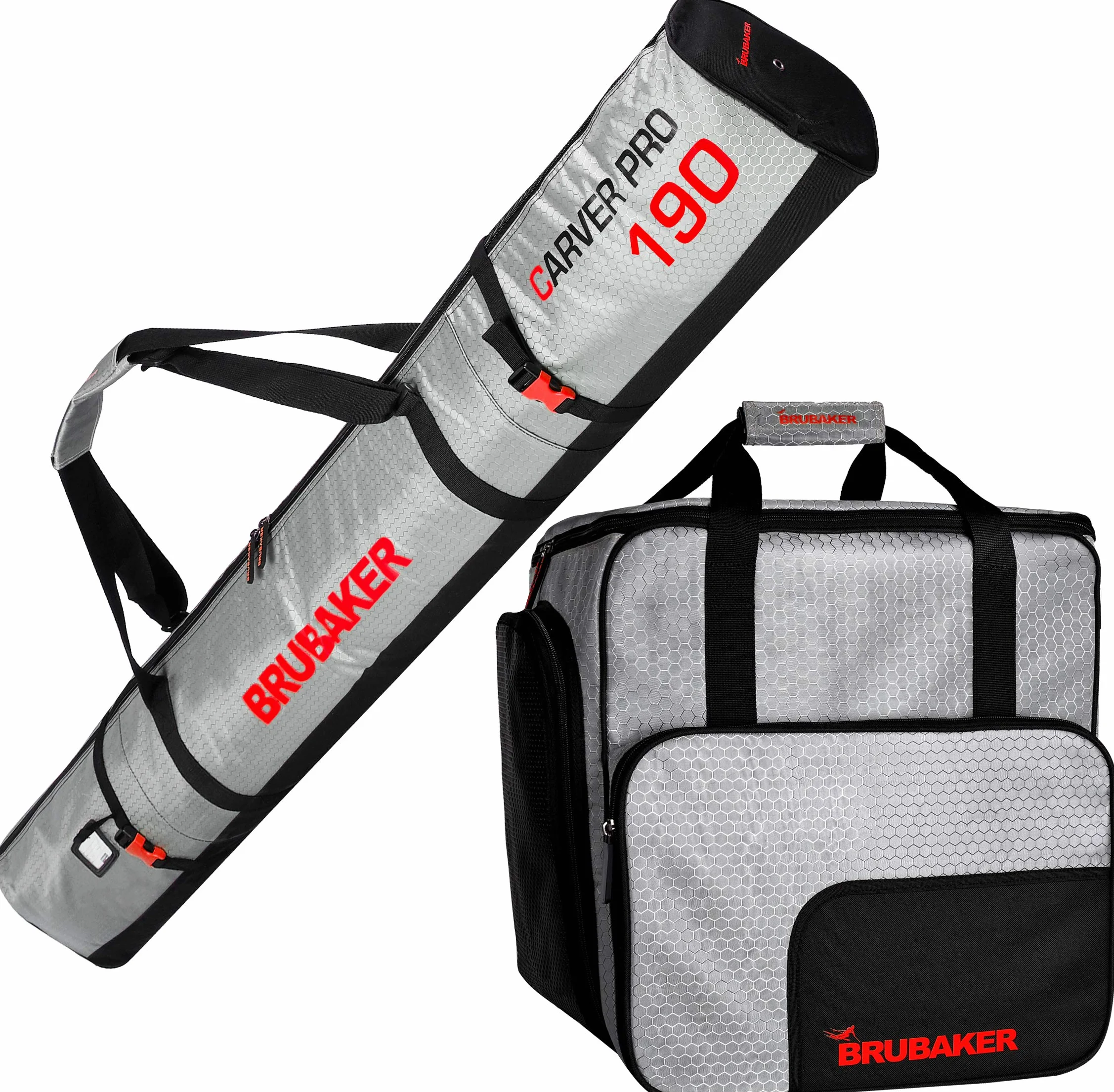 BRUBAKER Housse à Skis Sac à Chaussures de Ski CarverTec Pro 1 Paire Skis Bâtons Chaussures Casque Argenté Rouge