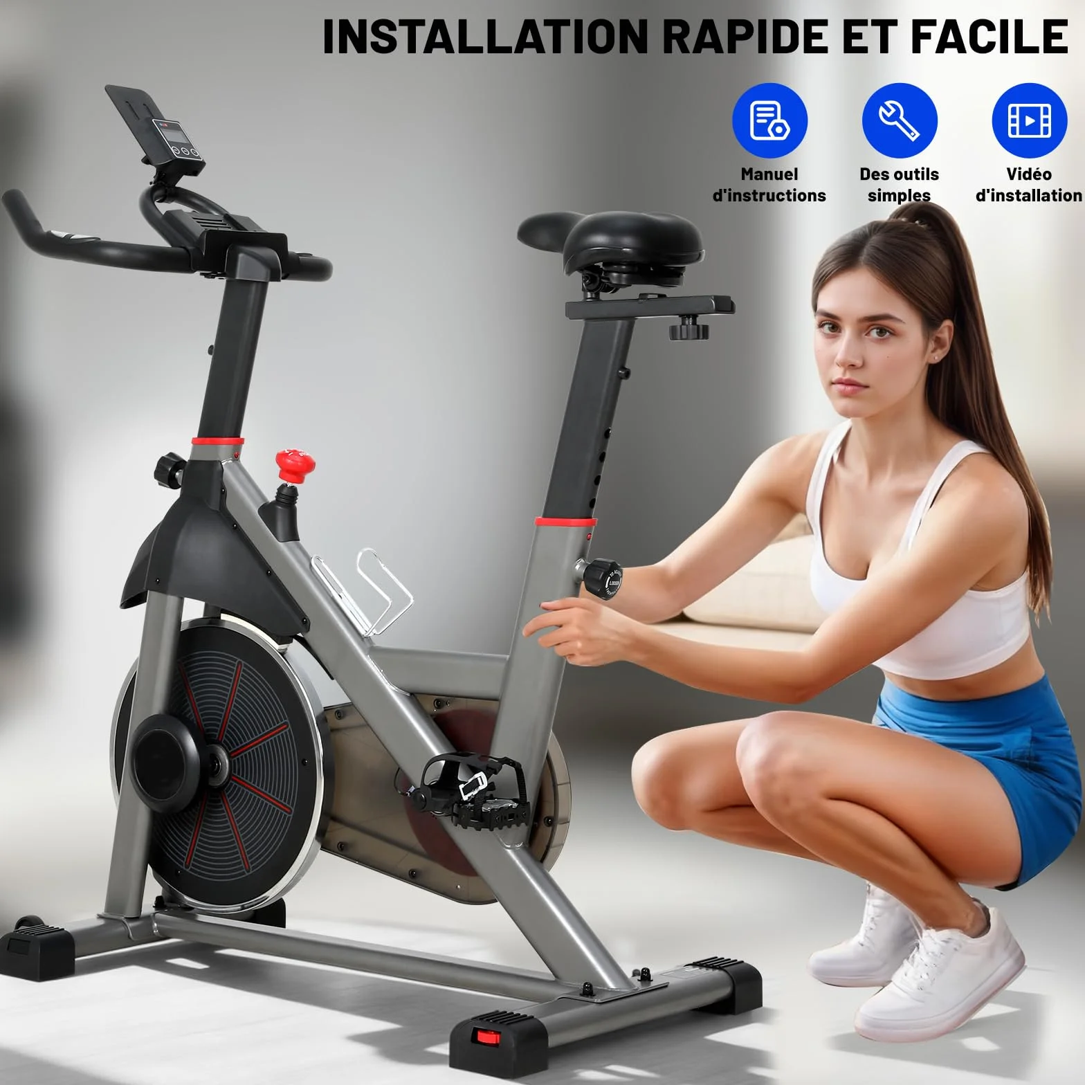 Vélo d'Appartement Résistance Ajustable Silencieux Volant d'Inertie 8KG Écran LED Selle Réglable
