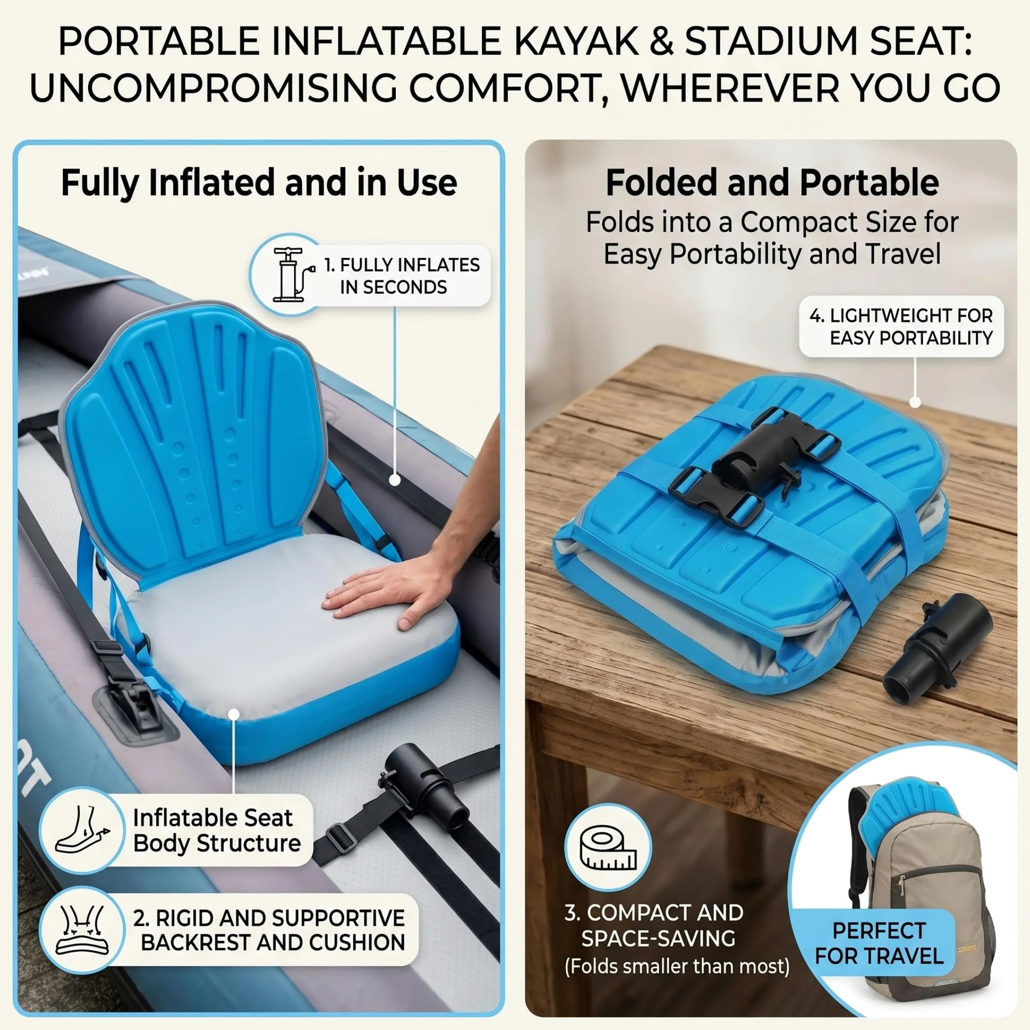 Siège de Paddleboard Gonflable, sièges de Kayak réglables avec Poche Rangement – ​​Bleu et Blanc – Planche Paddle pour Planches gonflables