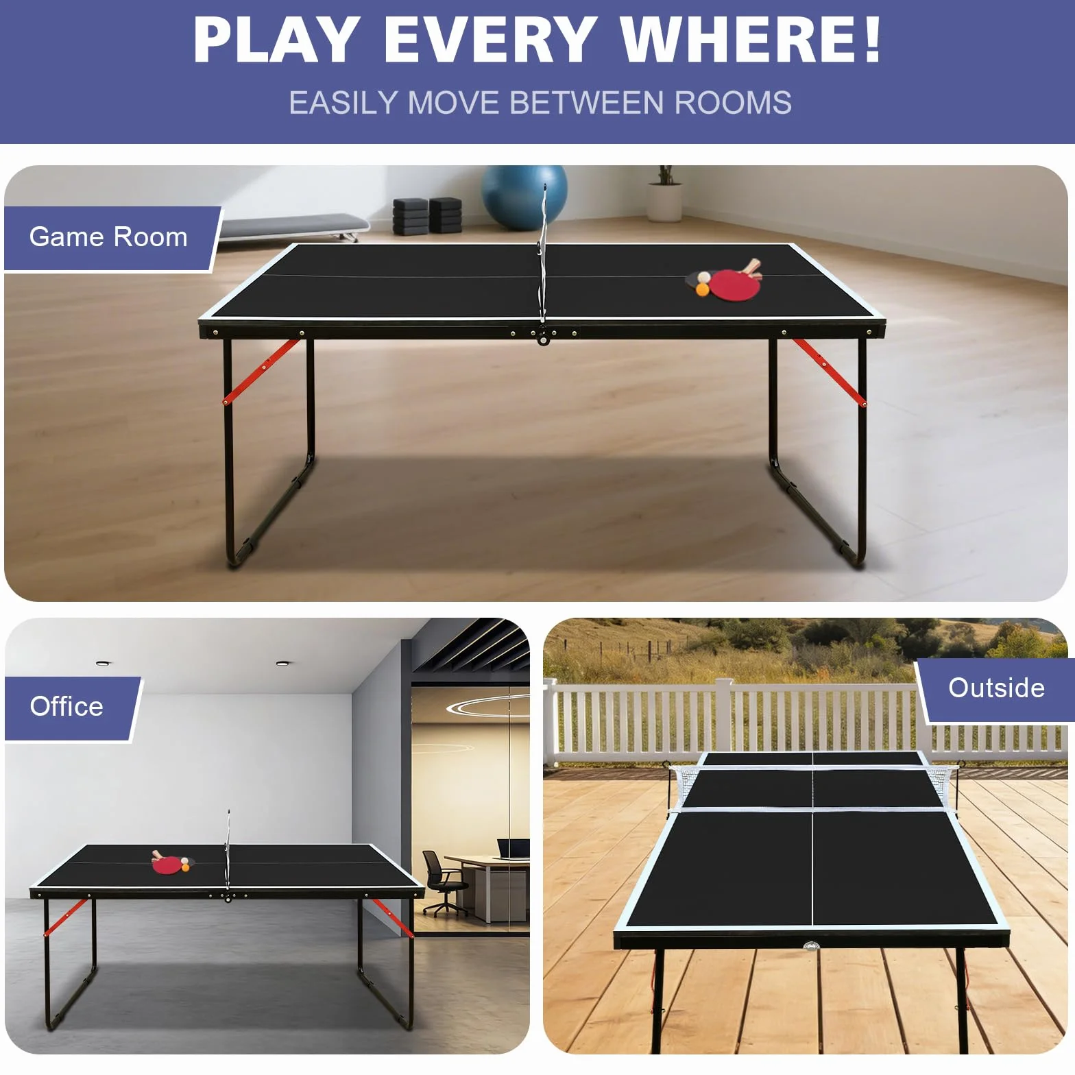 Table de Ping Pong Pliable MDF 137 cm avec Filet Raquettes Balles Noir pour Adultes Enfants Intérieur Extérieur