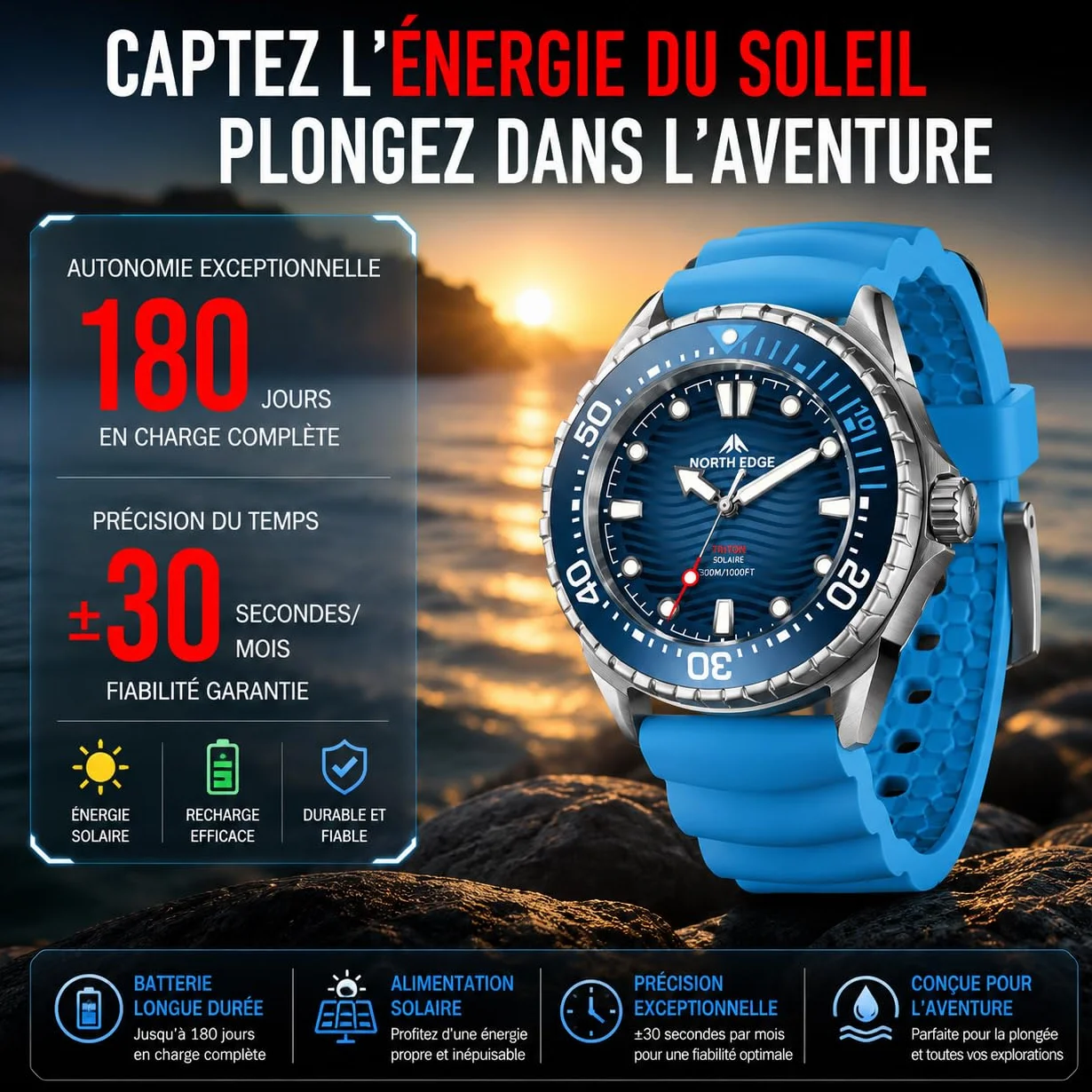NORTH EDGE Montre de plongée à énergie solaire étanche 300 m cadran lumineux bracelet silicone