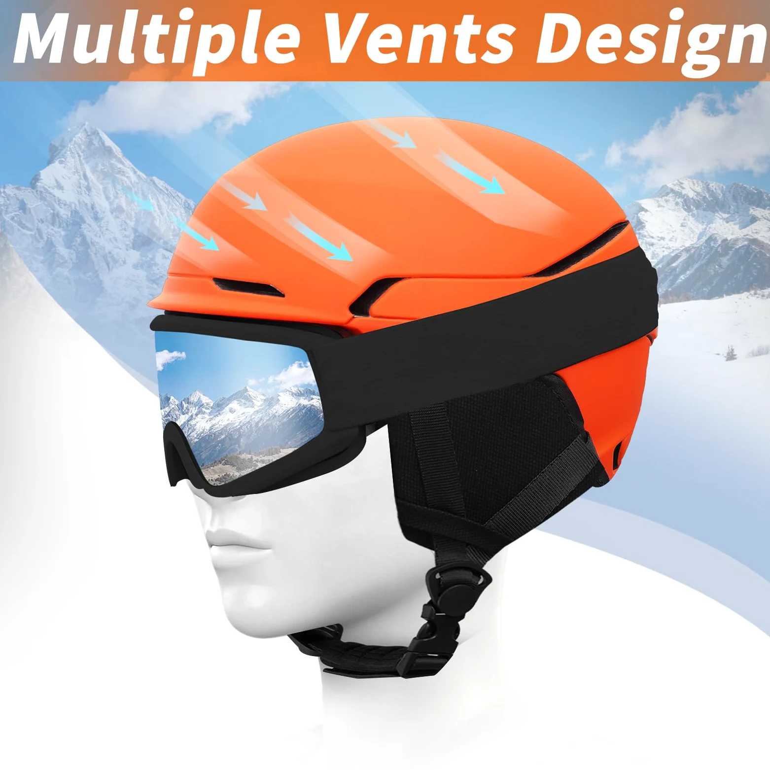 Casque de Ski avec Lunettes de Ski Masque Casque de Snowboard avec Détachable Cache Oreilles pour Hommes Femmes Anti-Vent Anti-UV Casques de Neige