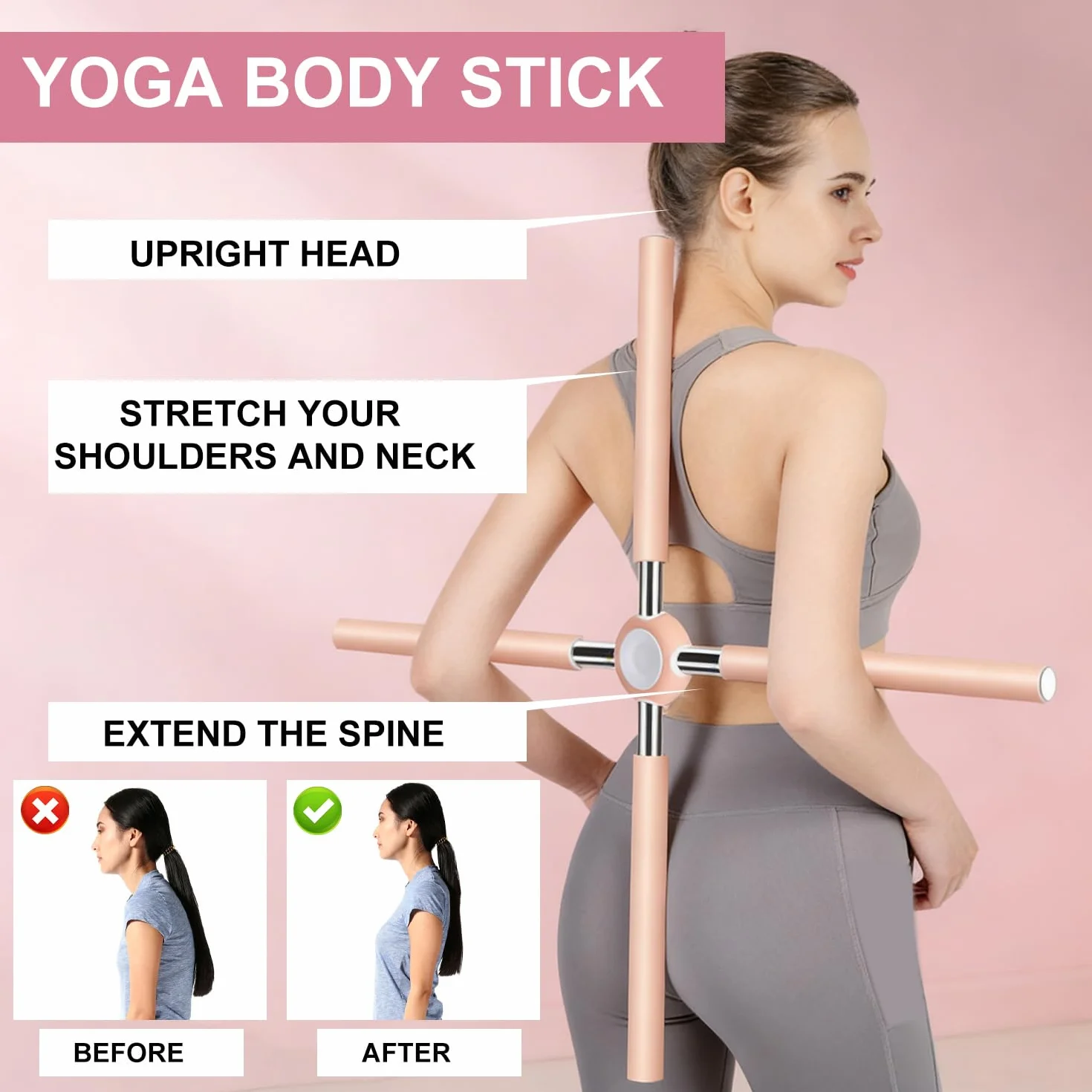 Barre de yoga correcteur de posture, bâton de yoga anti-bouloches pour dos et cou, barre oscillante avec noyau en acier inoxydable et amovible, barre de yoga en croix pour la maison, l'entraînement
