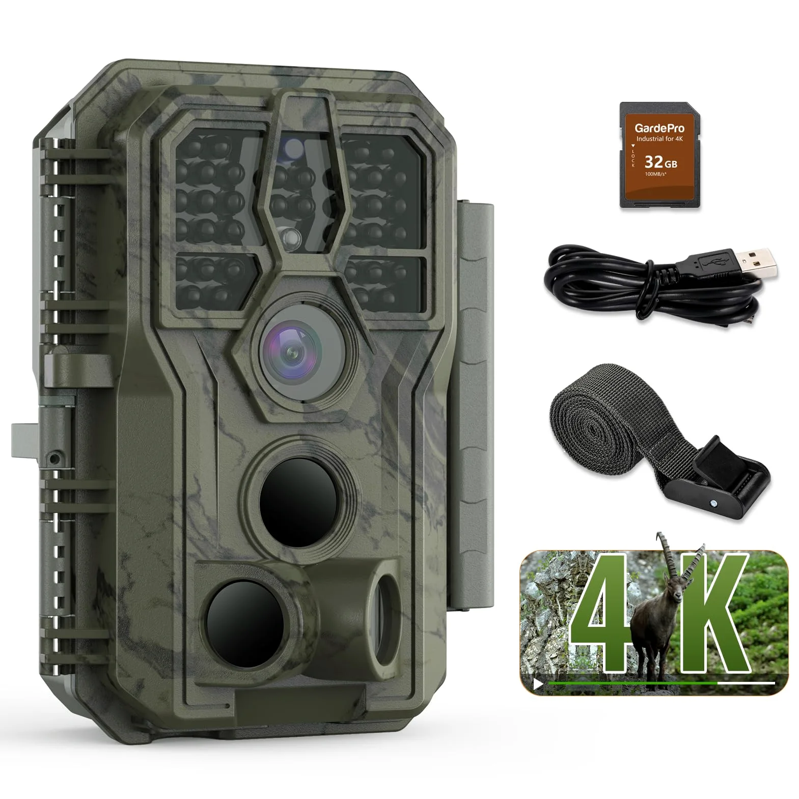 GardePro 4K Camera de Chasse avec Carte SD 32 Go, 64MP 4K Infrarouge Vision Nocturne Animaux Piege Photographique, No Glow 940nm IR LEDs Caméra de Chasse Suiveuse Exterieur Étanche, IP66