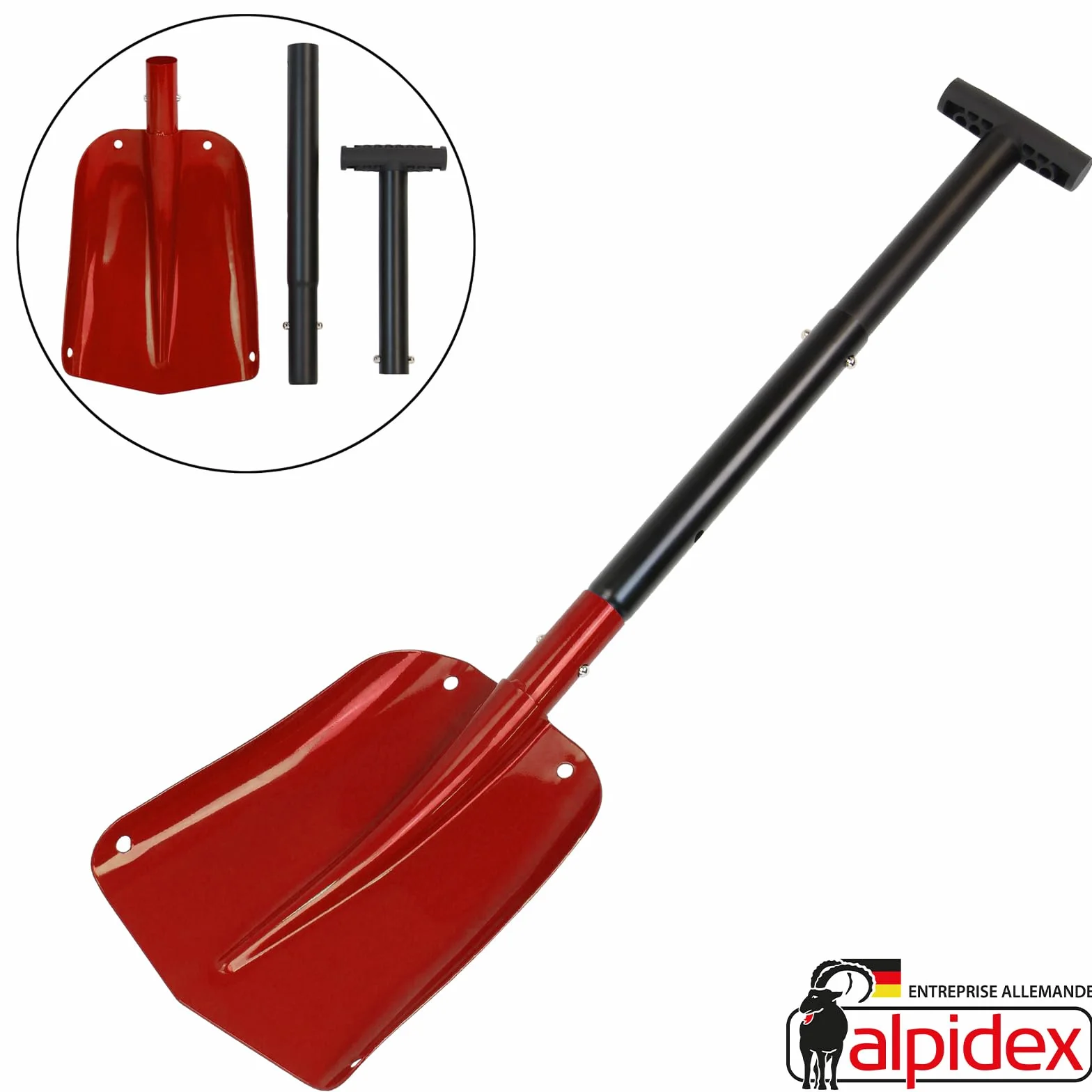 ALPIDEX Pelle Avalanche Alu Manche Extensible Pelle Neige Telescopique, Couleur:Rouge