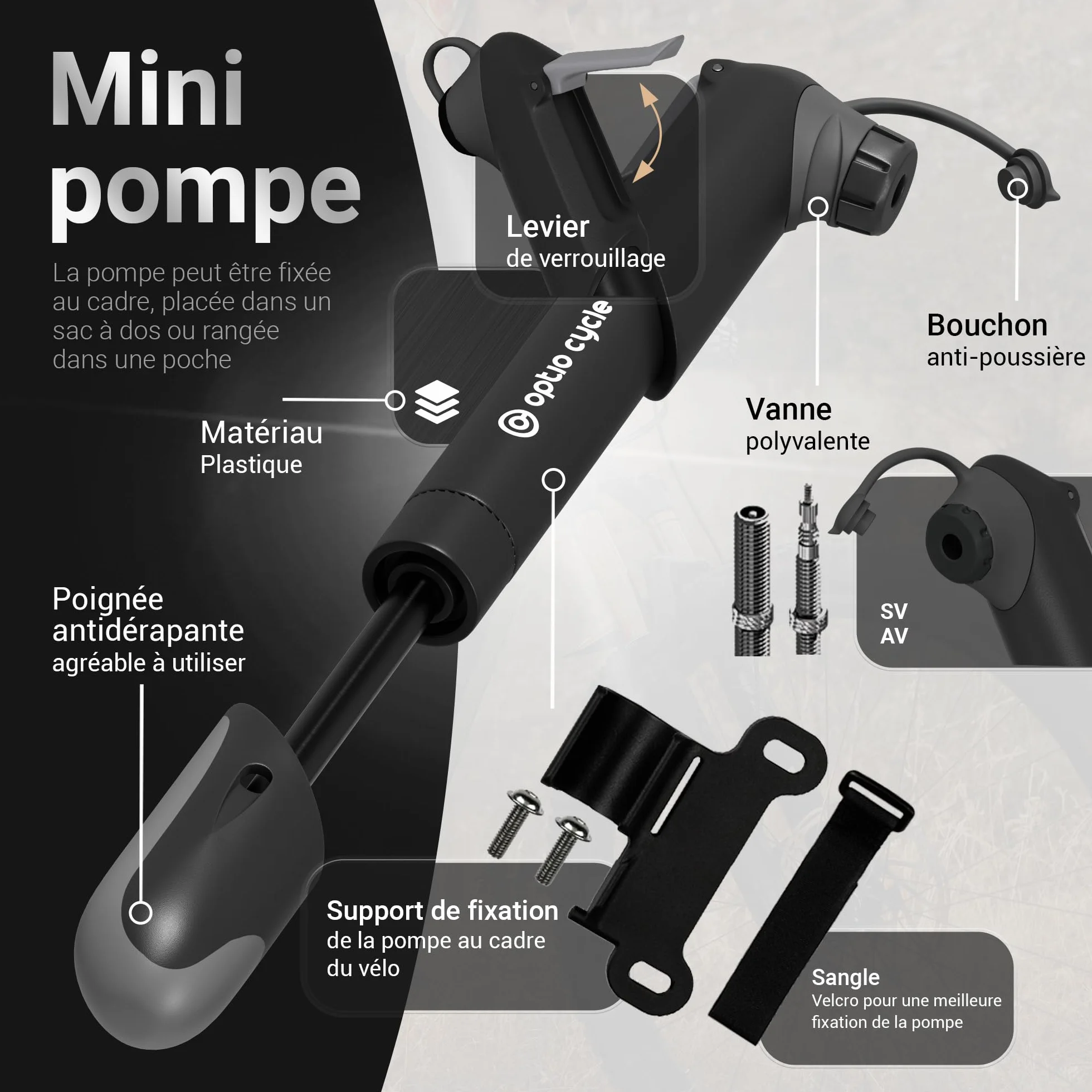 Pompe Velo 120 PSI 8,3 Bar Portable Compacte Manuelle pour Presta et Schrader