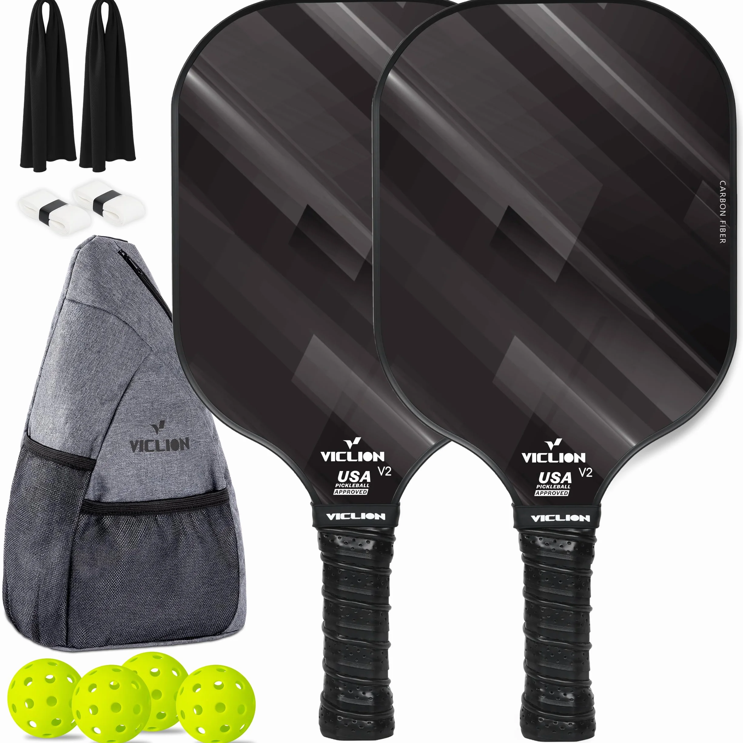 USAPA-zertifiziertes Carbon Fiber Pickleball Set 2 Paddel, 4 Bälle & Tasche, leichtes Einsteiger Set