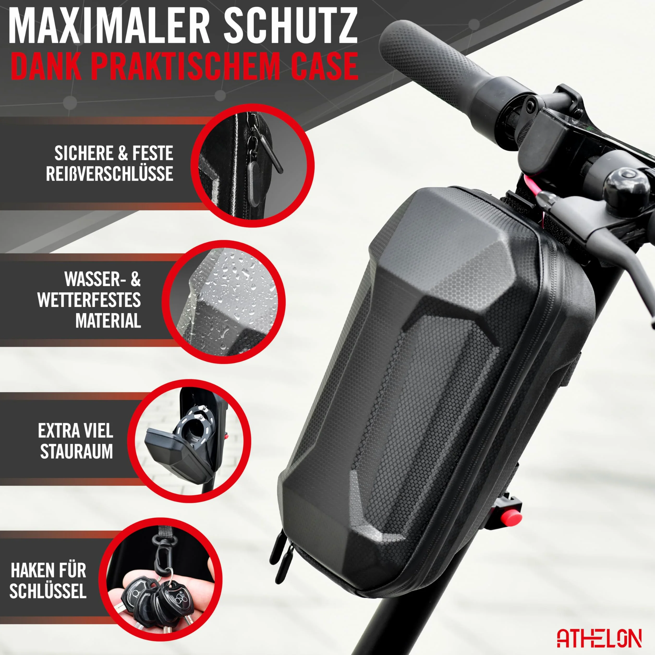 ATHELON Serrure pour scooter électrique [extra sûr] – Antivol à menottes long et résistant aux coupures pour scooter électrique avec protection anti-rayures avec accessoires [étui et 4 clés] – pour