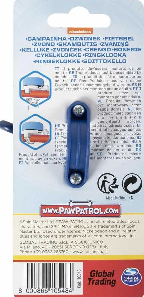 Sonnette de vélo Enfant, Fixation Facile, Motif Pat' Patrouille, Métal Robuste, Bleu Ciel, Taille Universelle