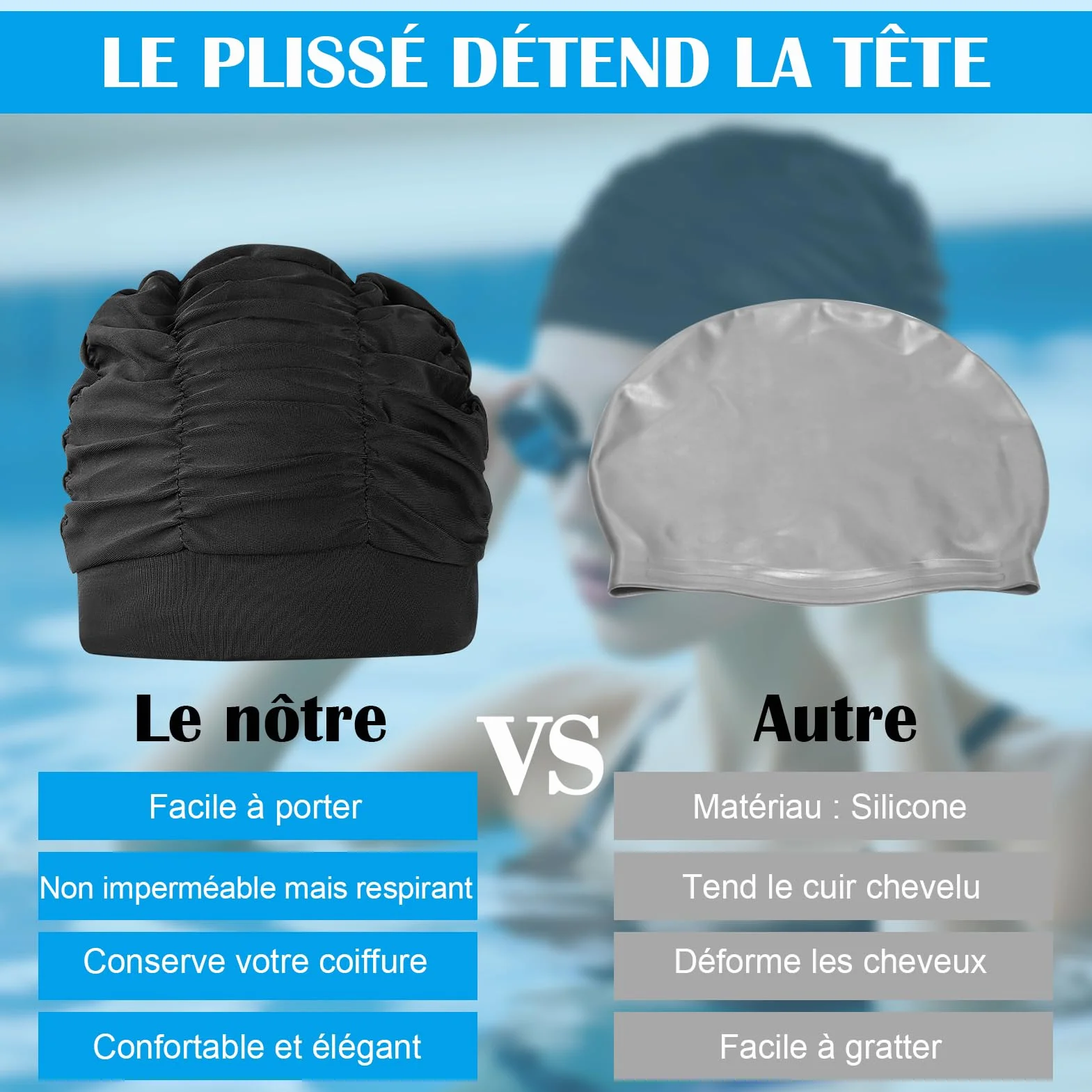 Bonnets de Bain Élastique en Tissu Polyester pour Natation, Cagoule Piscine pour Cheveux Longs Femme Homme Enfant