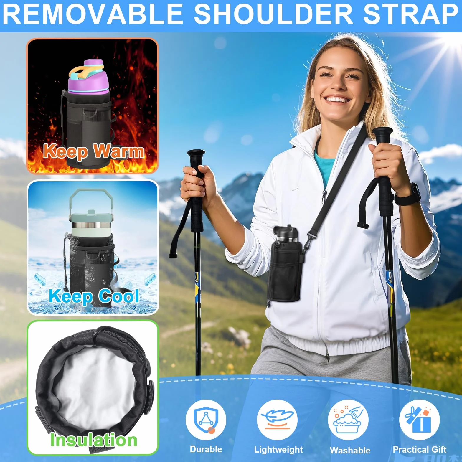 Porte Gourde Velo 12-24oz Sans Vis avec Poche en Maille et Bandoulière pour Bouteille de Vélo