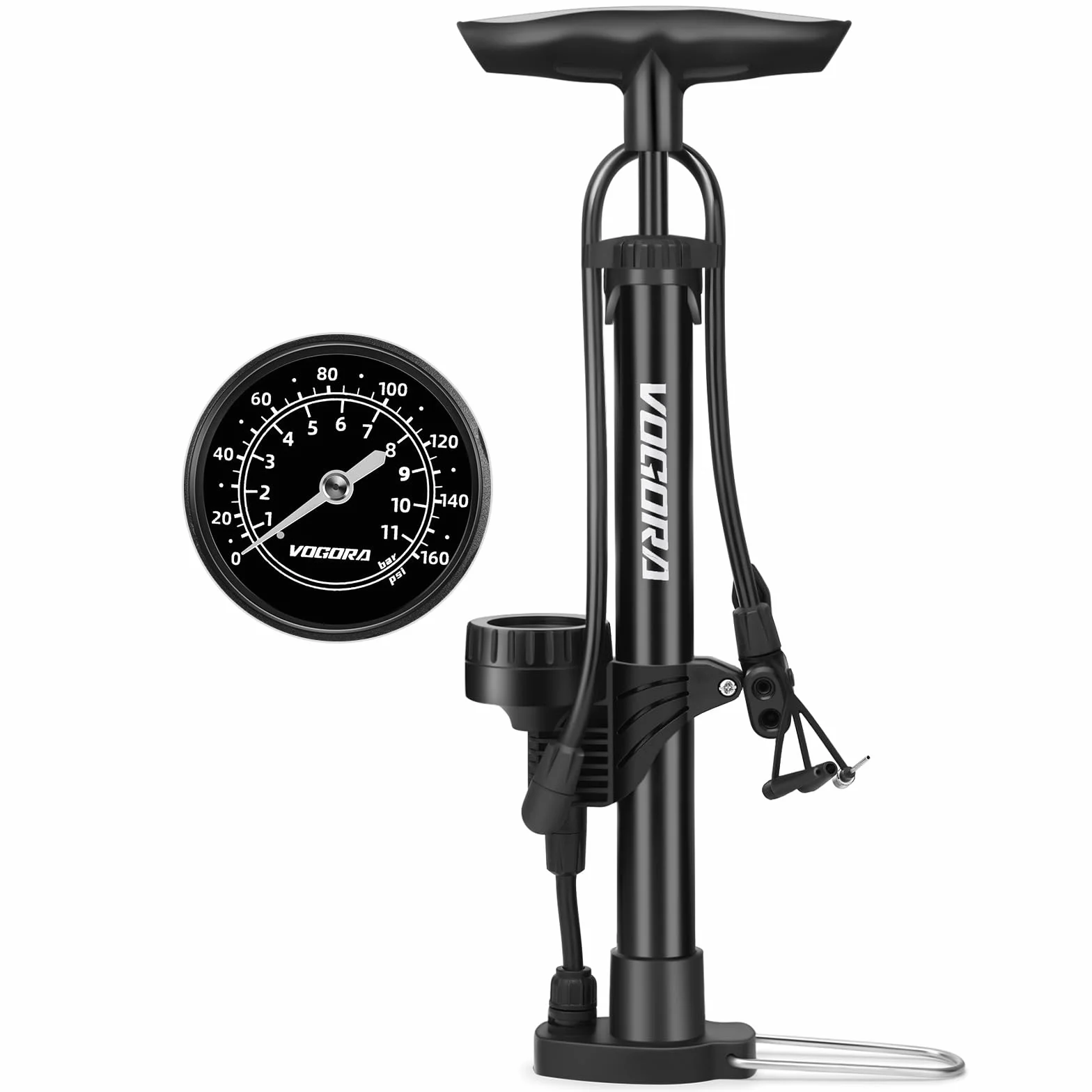 VOGORA Pompe à Vélo Portable Haute Pression 160PSI avec Manomètre pour Vélos VTT Route