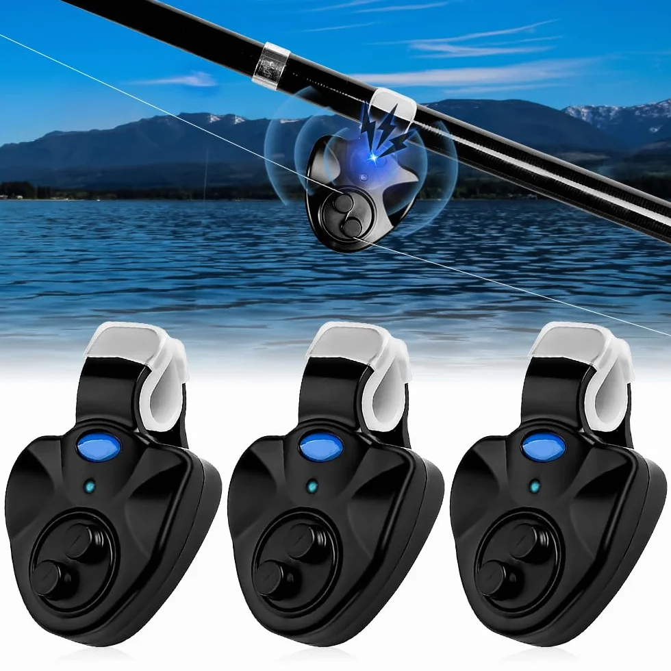 Mizikuu Lot de 3 détecteurs de touche électroniques à LED Light-Strike LED - Alarme de pêche avec détecteur de mouvement - Veilleuse - Pointe de canne à pêche à clip