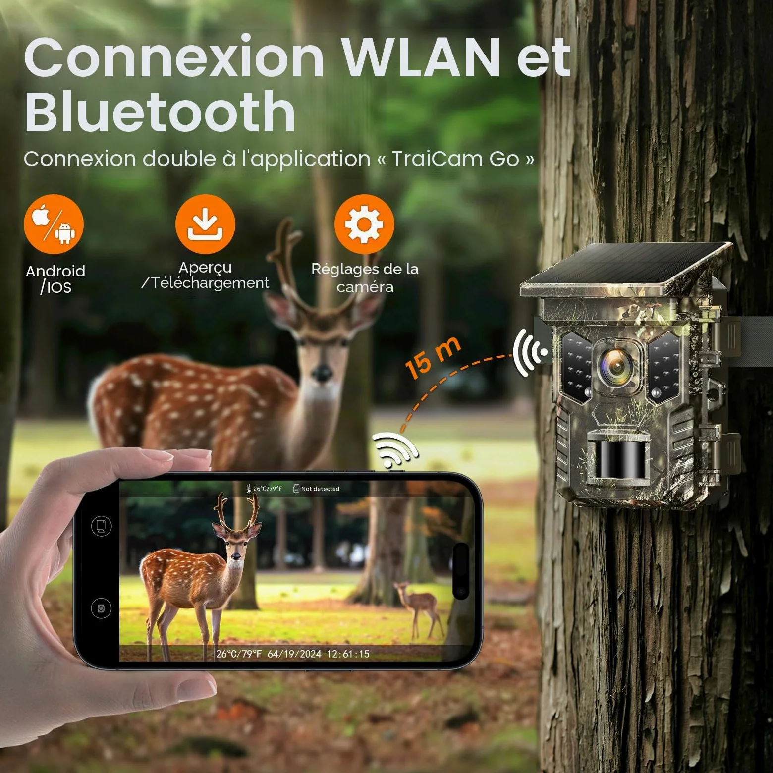 XTU Caméra de chasse avec application de transmission de téléphone portable, caméra Wi-Fi 2,7 K avec détecteur de mouvement, vision nocturne, carte SD de 32 Go, étanche IP66, batterie au lithium